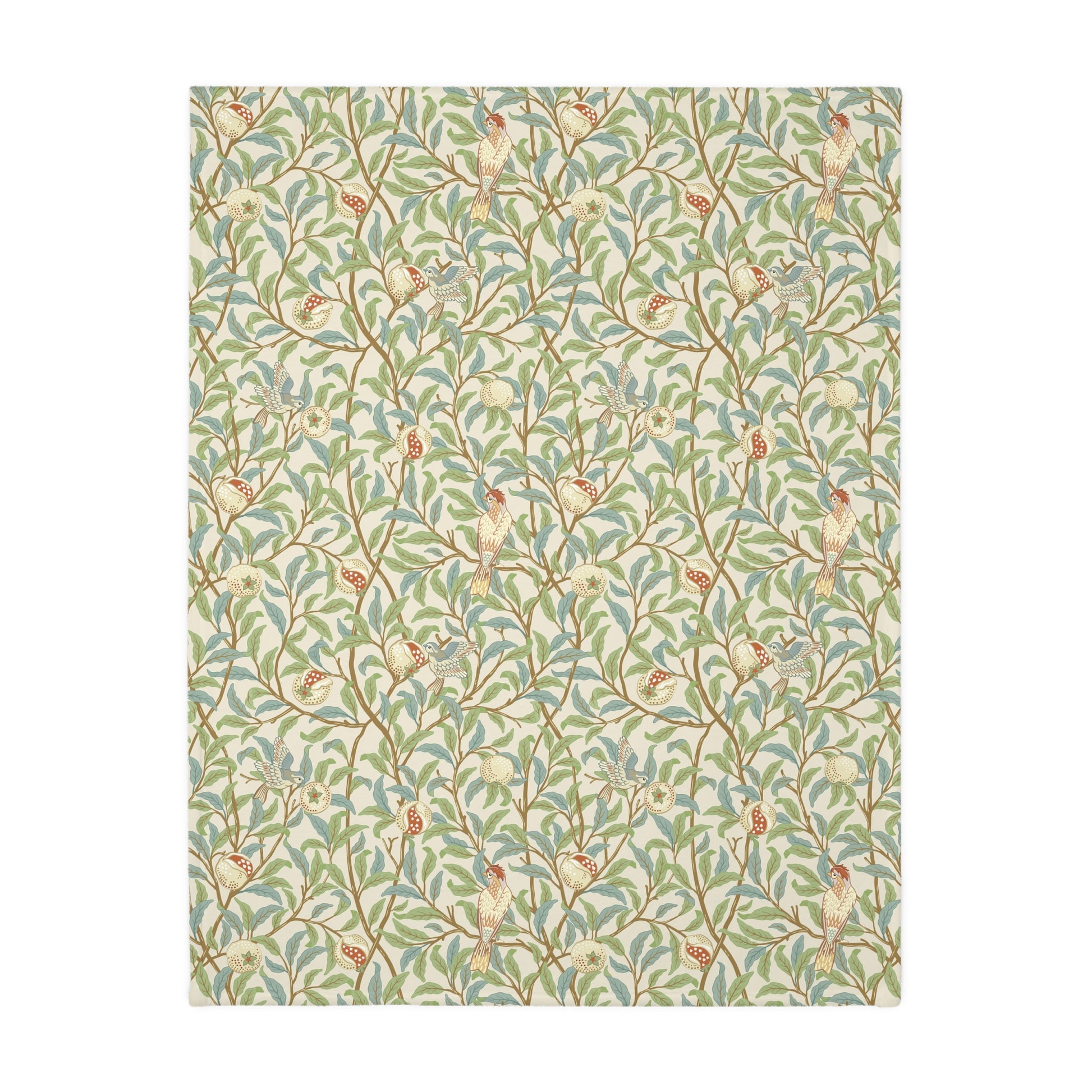 Luxury Velveteen Minky Blanket (Two-sided print) produced for William Morris & Co in a pattern called Bird and Pomegranate Collection (Rosella / Parchment) designed by Kathleen Kersey in pink, red, green and beige