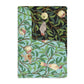 A rectangular blanket with a two-sided print featuring birds and pomegranate fruits on a green leafy background in shades of tiffany blue and onyx.