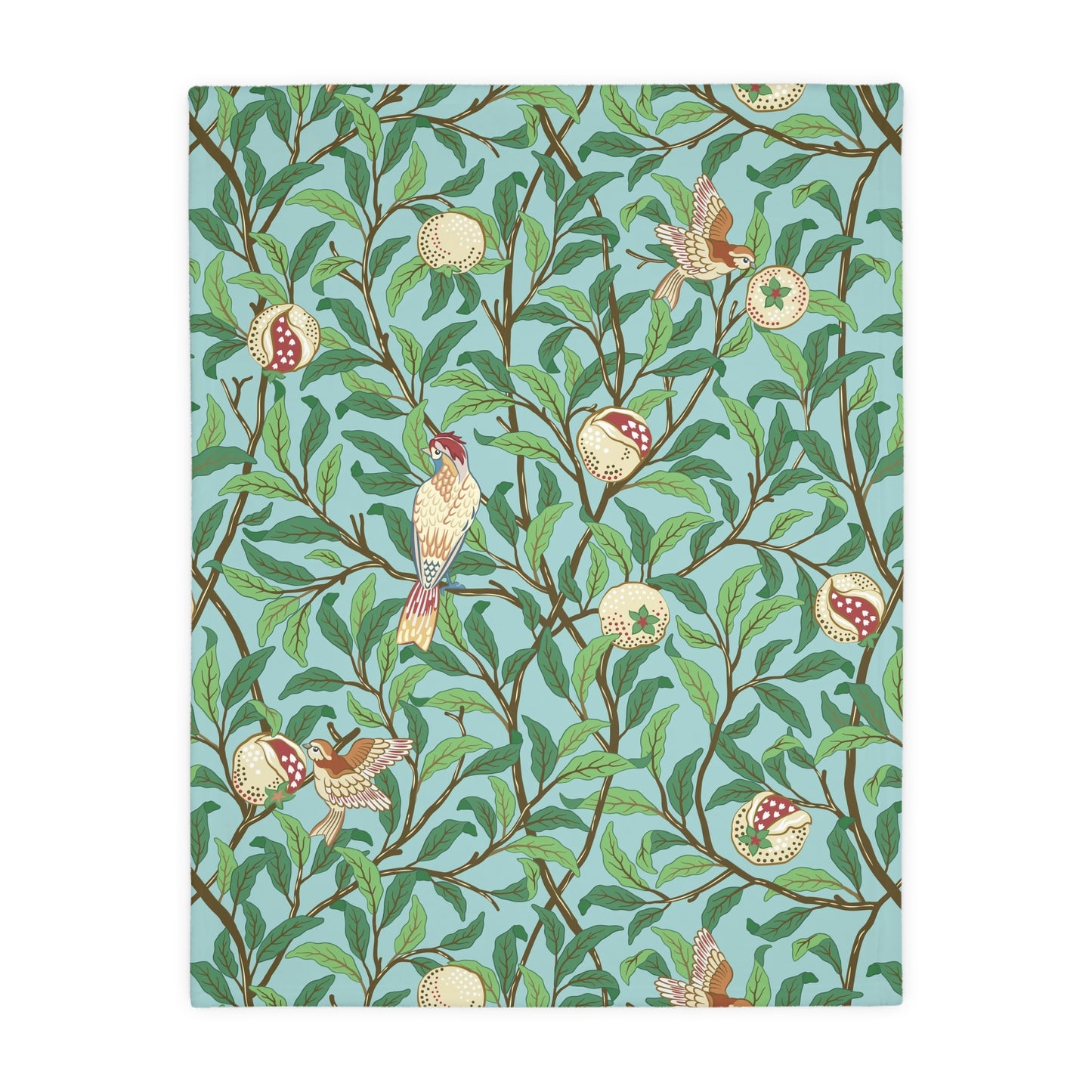 Luxury Velveteen Minky Blanket (Two-sided print) created for William Morris & Co in a pattern called Bird and Pomegranate Collection (Tiffany Blue / Onyx) designed by Kathleen Kersey
