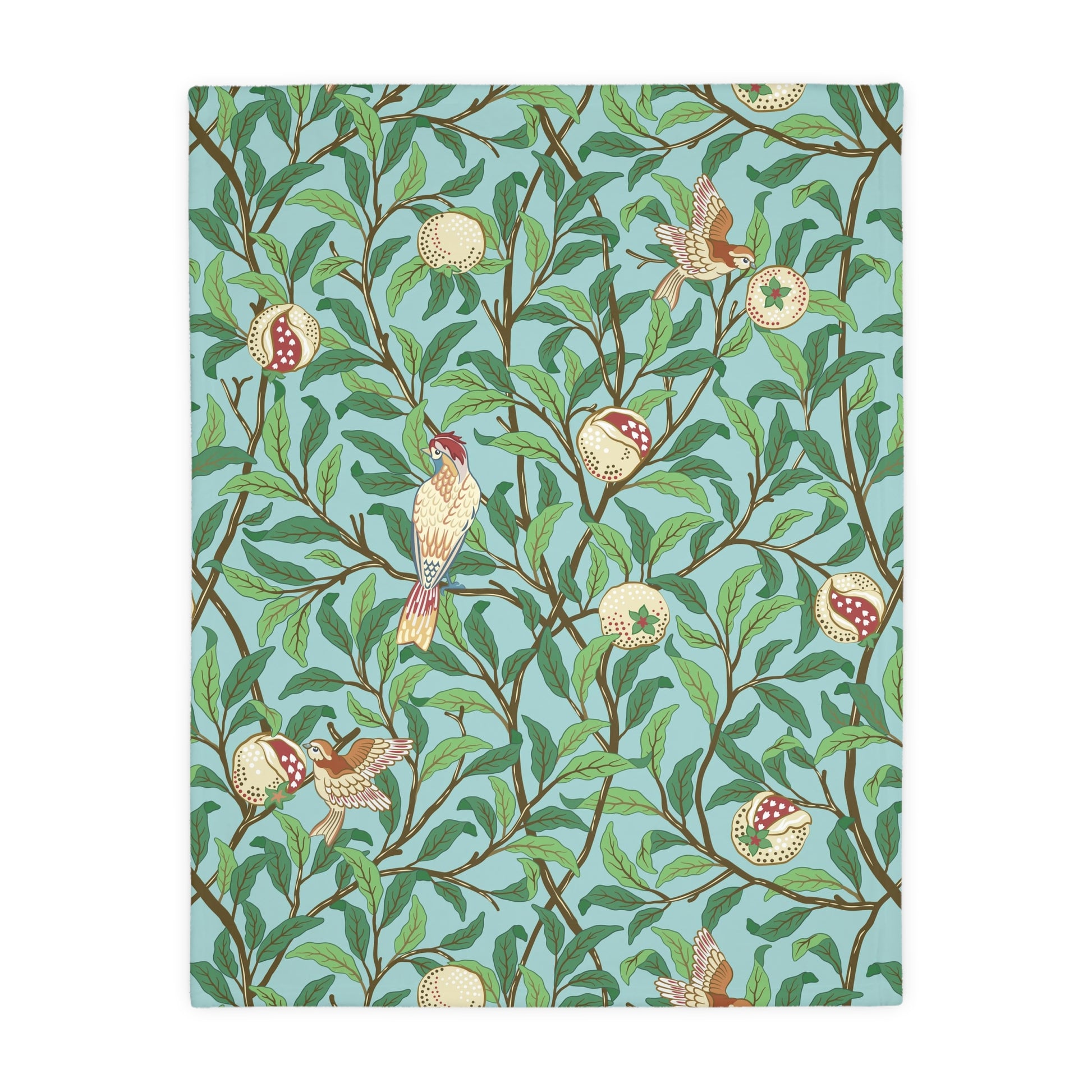 Luxury Velveteen Minky Blanket (Two-sided print) created for William Morris & Co in a pattern called Bird and Pomegranate Collection (Tiffany Blue / Onyx) designed by Kathleen Kersey