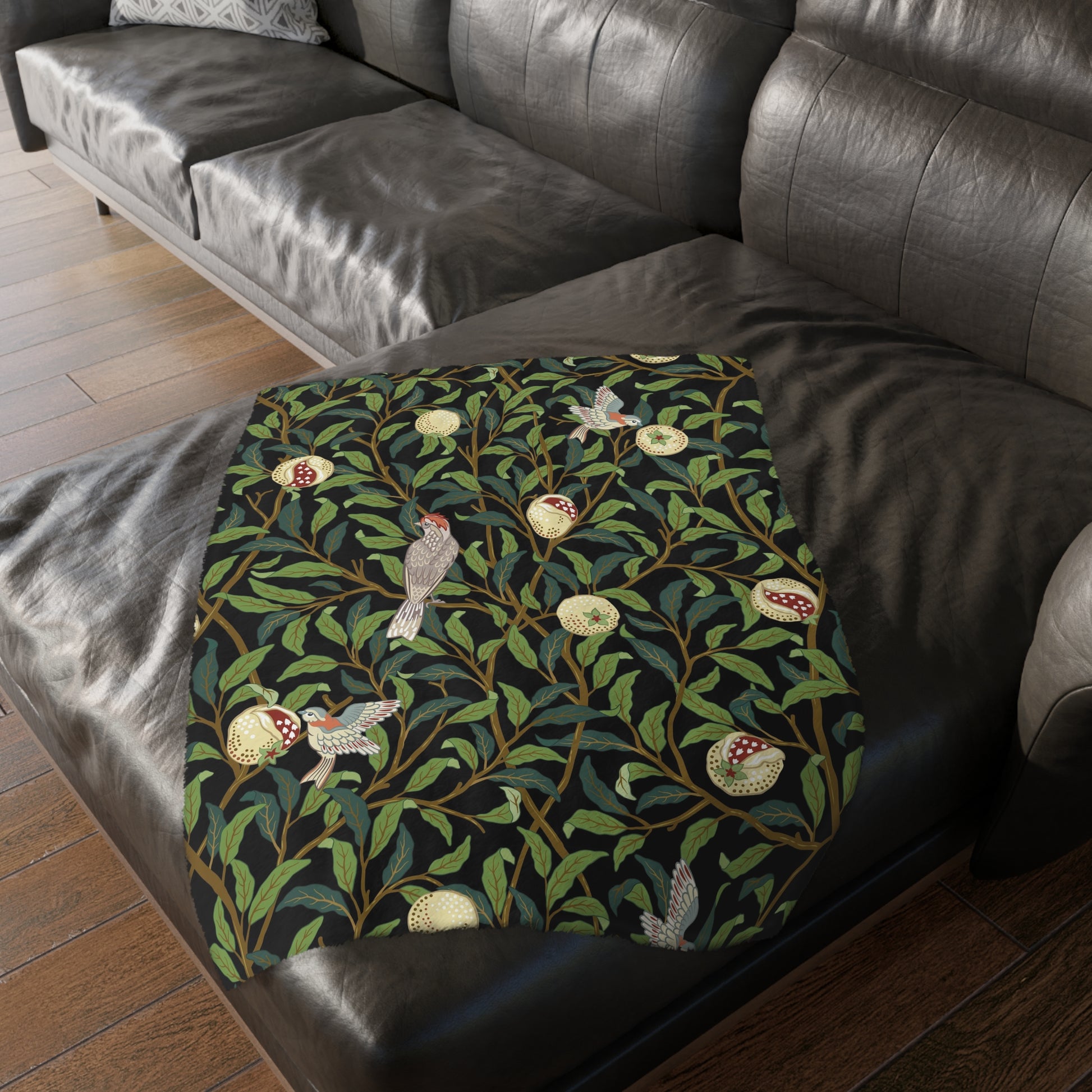 Luxury Velveteen Minky Blanket (Two-sided print) created for William Morris & Co in a pattern called Bird and Pomegranate Collection (Tiffany Blue / Onyx) designed by Kathleen Kersey