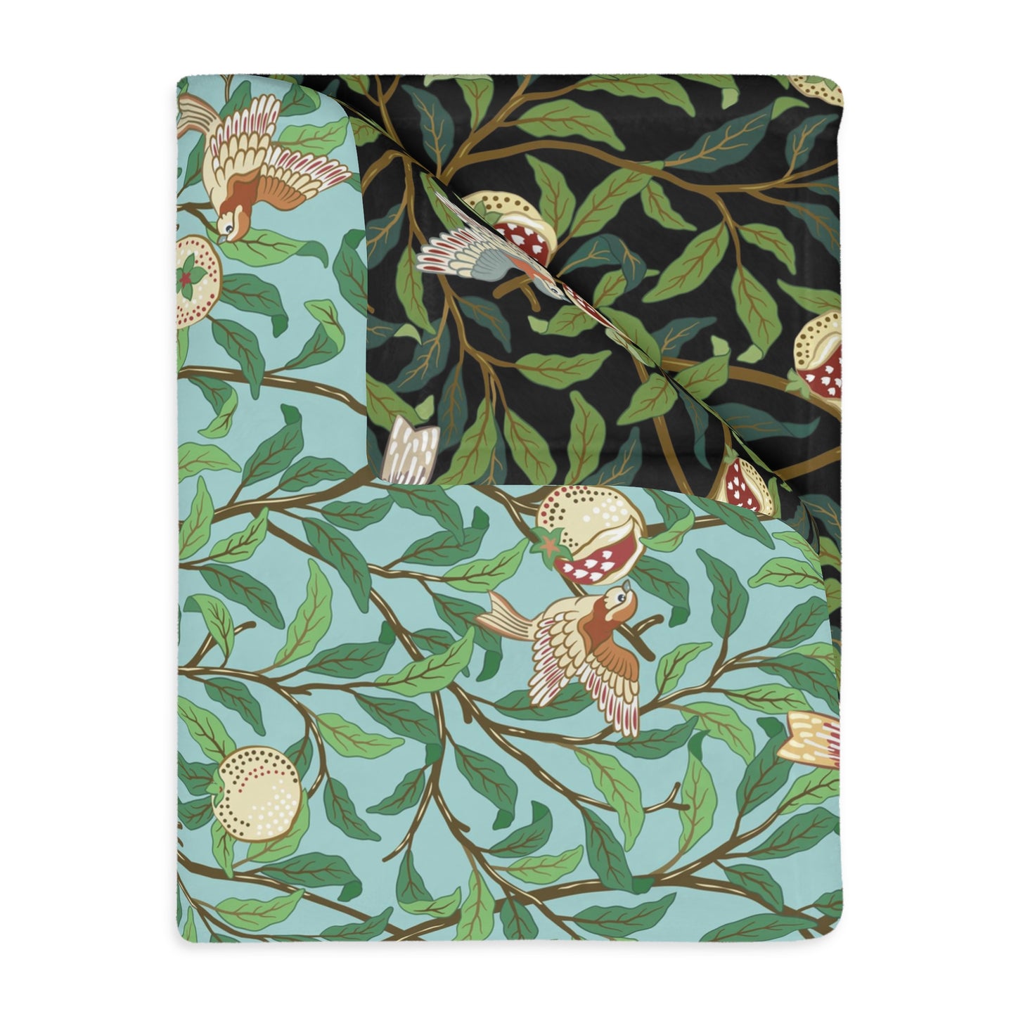 Luxury Velveteen Minky Blanket (Two-sided print) created for William Morris & Co in a pattern called Bird and Pomegranate Collection (Tiffany Blue / Onyx) designed by Kathleen Kersey