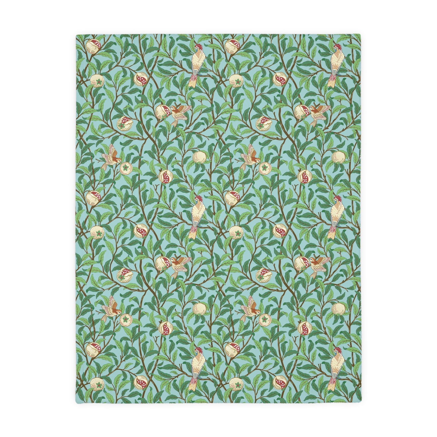 Luxury Velveteen Minky Blanket (Two-sided print) created for William Morris & Co in a pattern called Bird and Pomegranate Collection (Tiffany Blue / Onyx) designed by Kathleen Kersey
