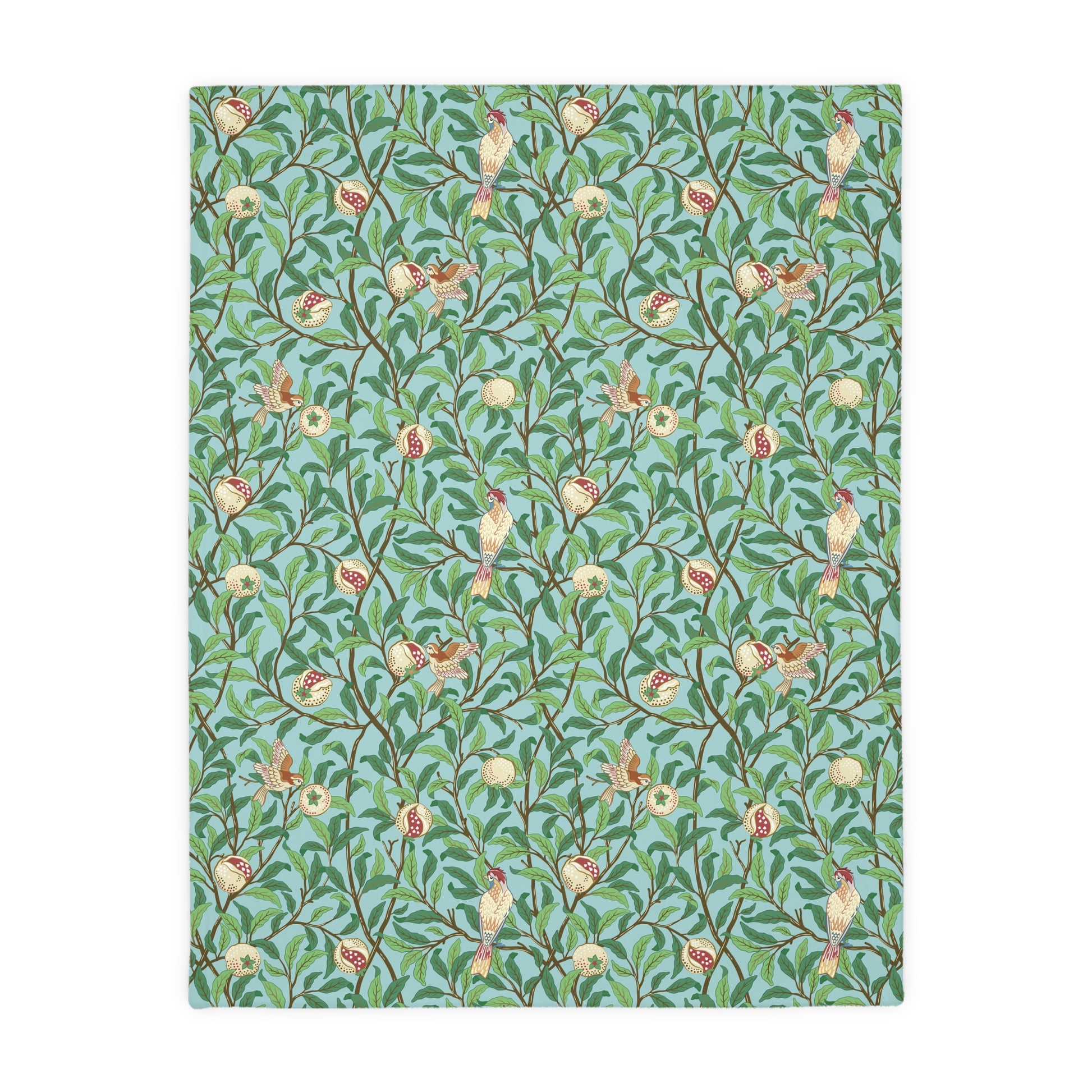 Luxury Velveteen Minky Blanket (Two-sided print) created for William Morris & Co in a pattern called Bird and Pomegranate Collection (Tiffany Blue / Onyx) designed by Kathleen Kersey