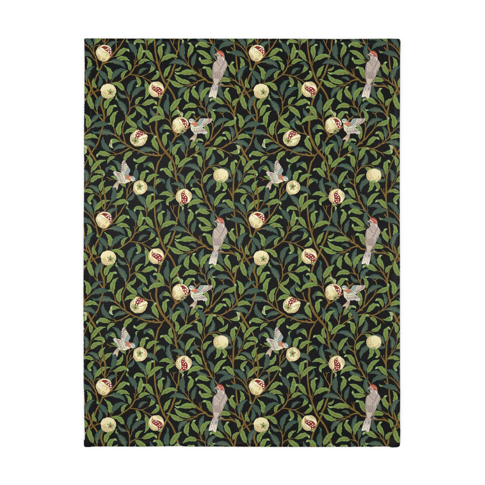 Luxury Velveteen Minky Blanket (Two-sided print) created for William Morris & Co in a pattern called Bird and Pomegranate Collection (Tiffany Blue / Onyx) designed by Kathleen Kersey