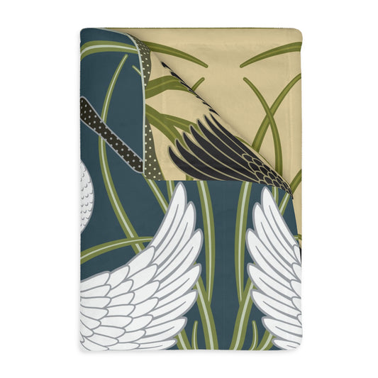 Luxury Velveteen Minky Blanket inspired for William Morris & Co (Two-sided print) - Swans Collection (Horizontal) in Beige, Green, Black and White by the designer Walter Crane