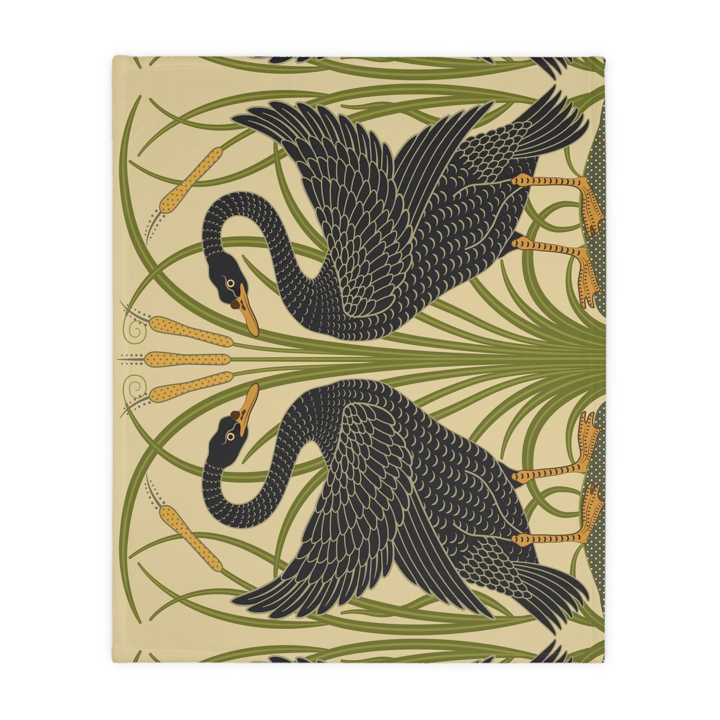 Luxury Velveteen Minky Blanket inspired for William Morris & Co (Two-sided print) - Swans Collection (Horizontal) in Beige, Green, Black and White by the designer Walter Crane