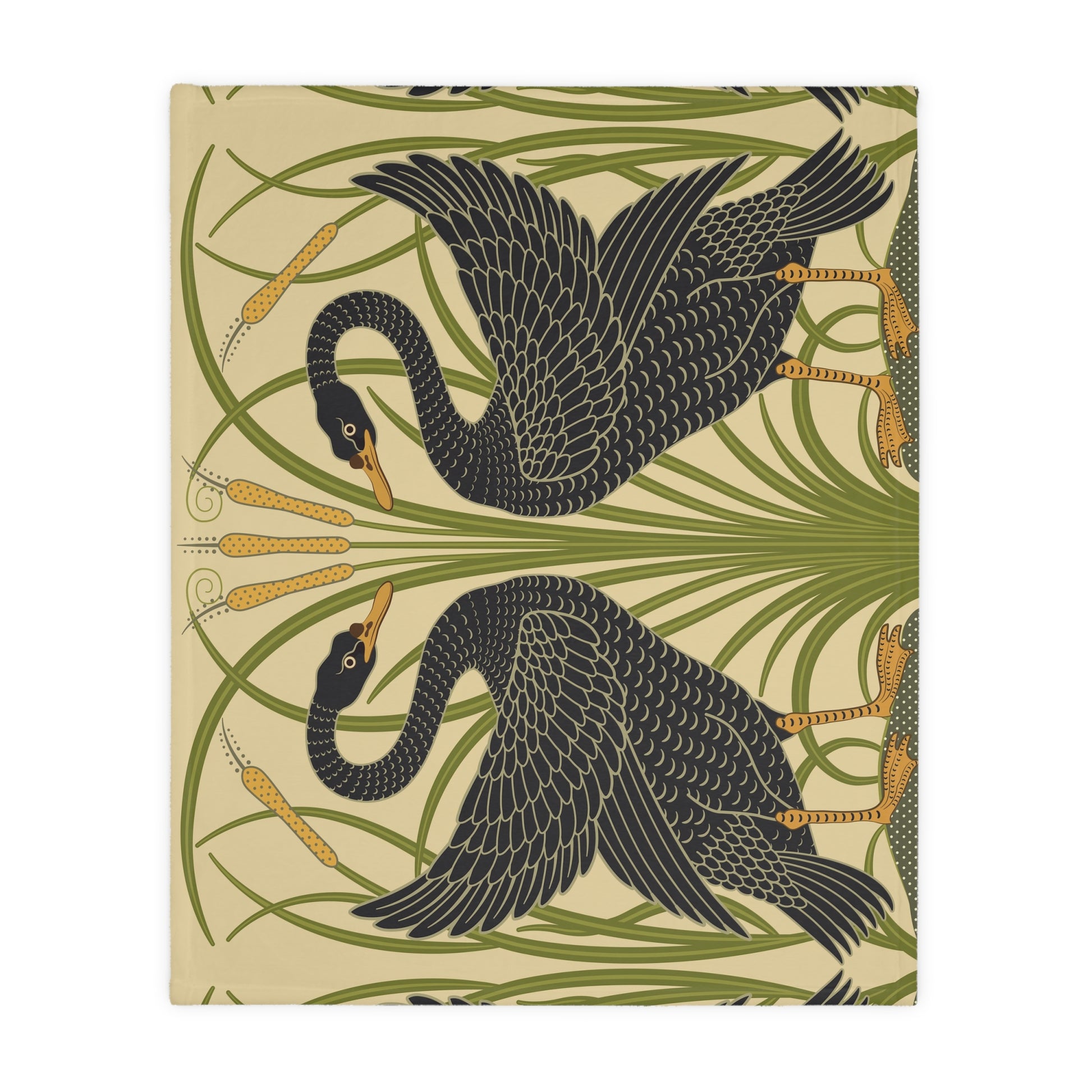 Luxury Velveteen Minky Blanket inspired for William Morris & Co (Two-sided print) - Swans Collection (Horizontal) in Beige, Green, Black and White by the designer Walter Crane