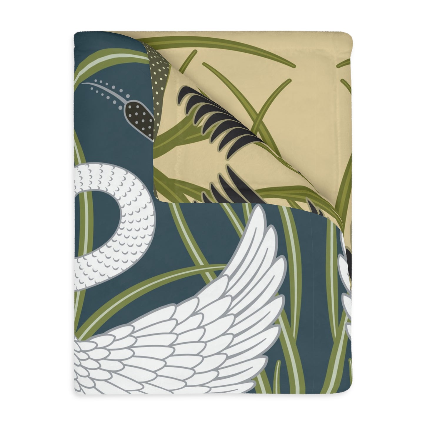 Luxury Velveteen Minky Blanket inspired for William Morris & Co (Two-sided print) - Swans Collection (Horizontal) in Beige, Green, Black and White by the designer Walter Crane
