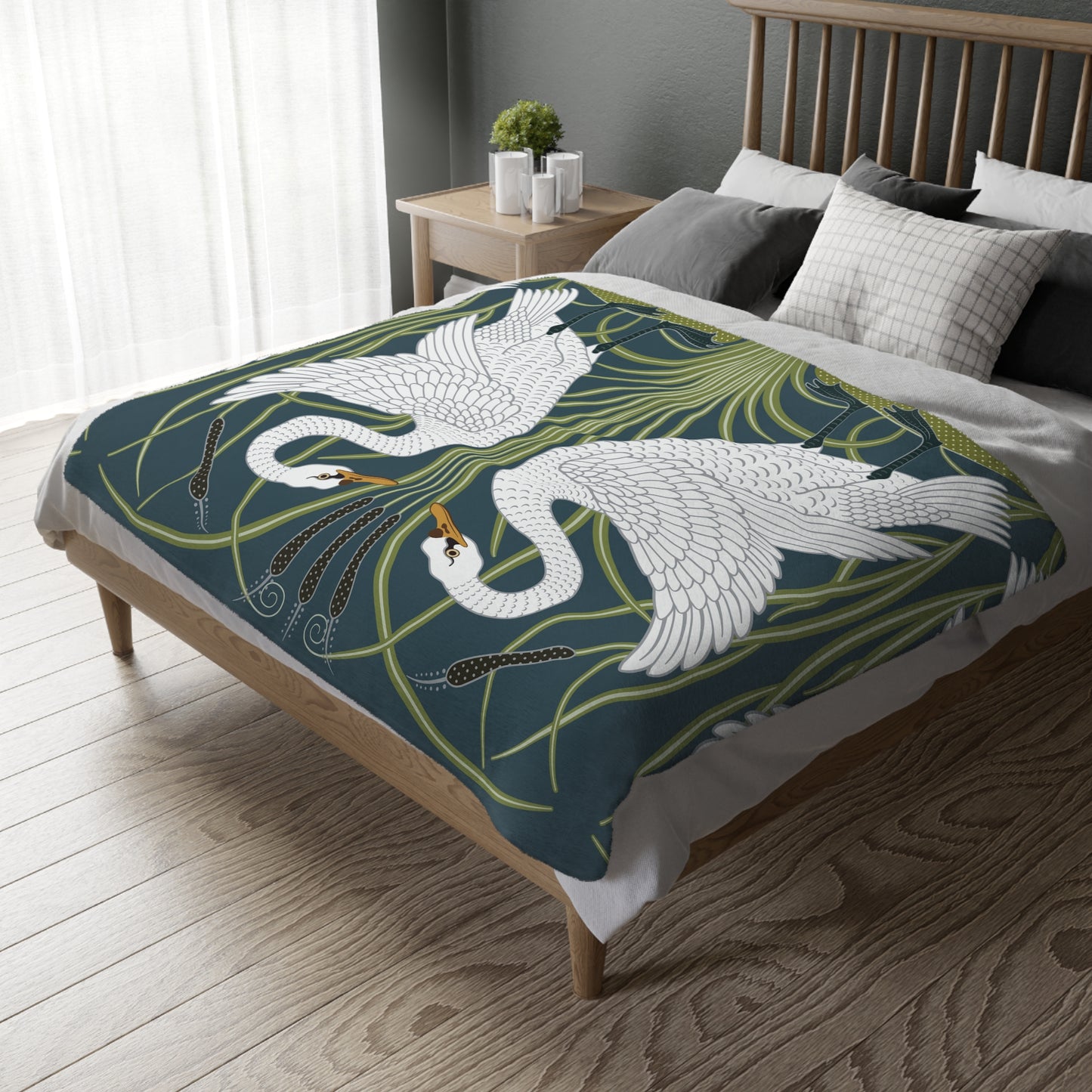 Luxury Velveteen Minky Blanket inspired for William Morris & Co (Two-sided print) - Swans Collection (Horizontal) in Beige, Green, Black and White by the designer Walter Crane