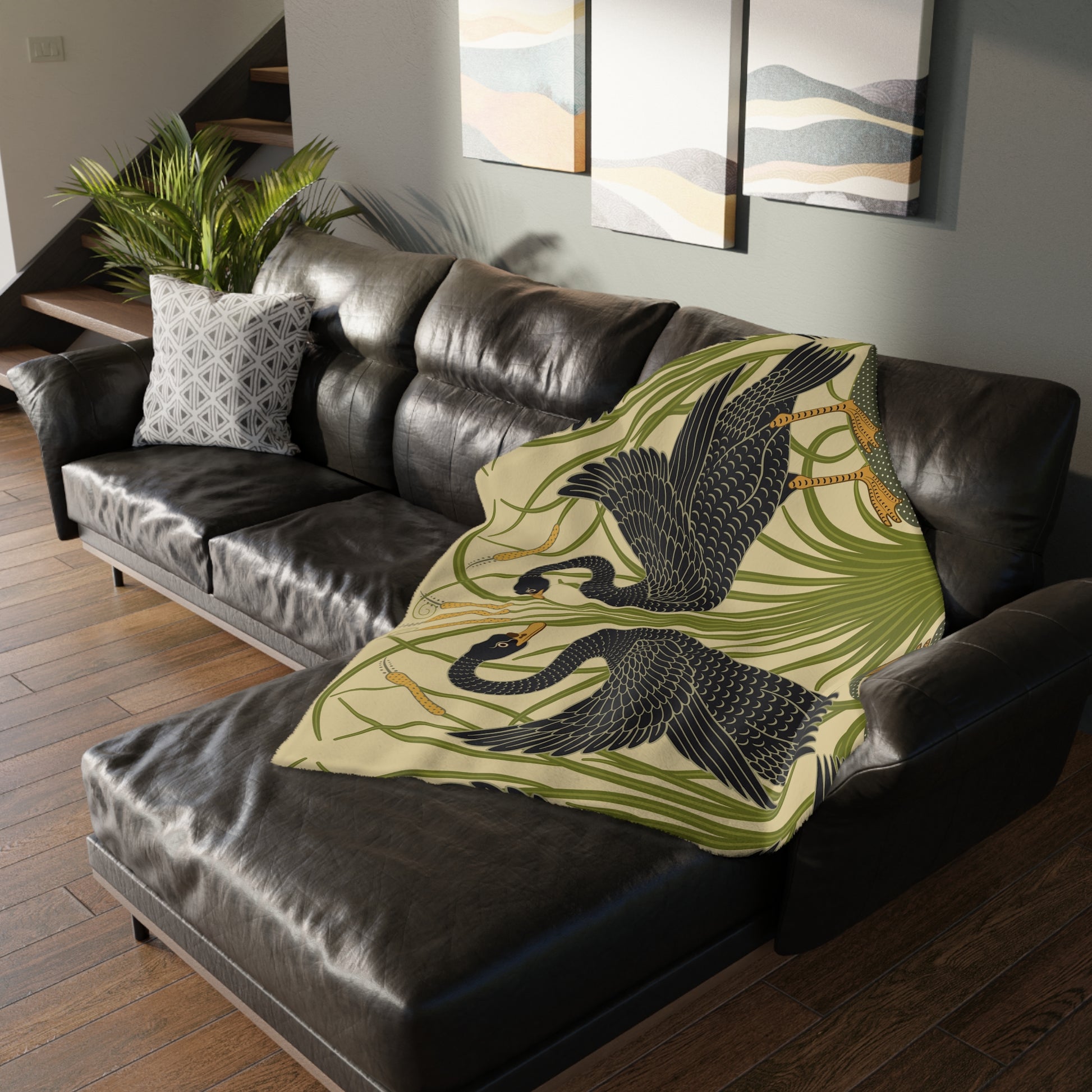 Luxury Velveteen Minky Blanket inspired for William Morris & Co (Two-sided print) - Swans Collection (Horizontal) in Beige, Green, Black and White by the designer Walter Crane