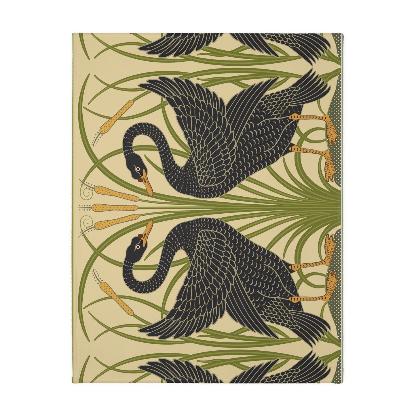Luxury Velveteen Minky Blanket inspired for William Morris & Co (Two-sided print) - Swans Collection (Horizontal) in Beige, Green, Black and White by the designer Walter Crane