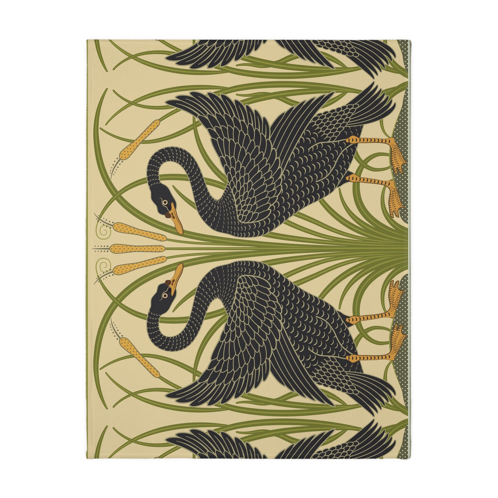 Luxury Velveteen Minky Blanket inspired for William Morris & Co (Two-sided print) - Swans Collection (Horizontal) in Beige, Green, Black and White by the designer Walter Crane