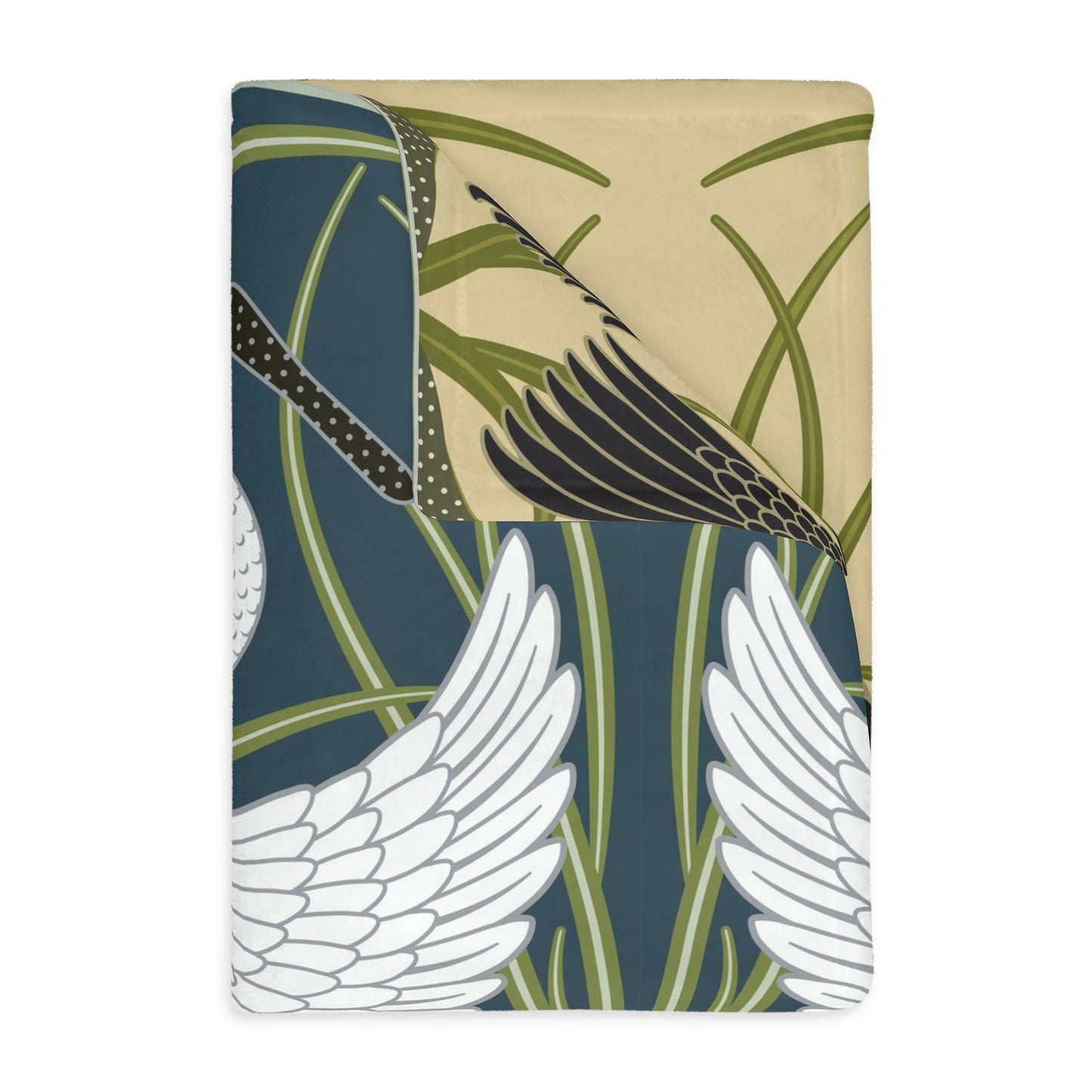 Luxury Velveteen Minky Blanket inspired for William Morris & Co (Two-sided print) - Swans Collection (Horizontal) in Beige, Green, Black and White by the designer Walter Crane