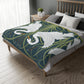 Luxury Velveteen Minky Blanket inspired for William Morris & Co (Two-sided print) - Swans Collection (Horizontal) in Beige, Green, Black and White by the designer Walter Crane