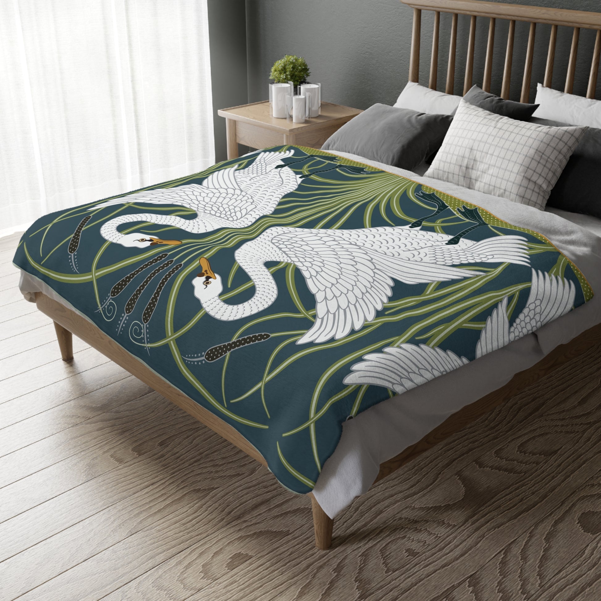 Luxury Velveteen Minky Blanket inspired for William Morris & Co (Two-sided print) - Swans Collection (Horizontal) in Beige, Green, Black and White by the designer Walter Crane