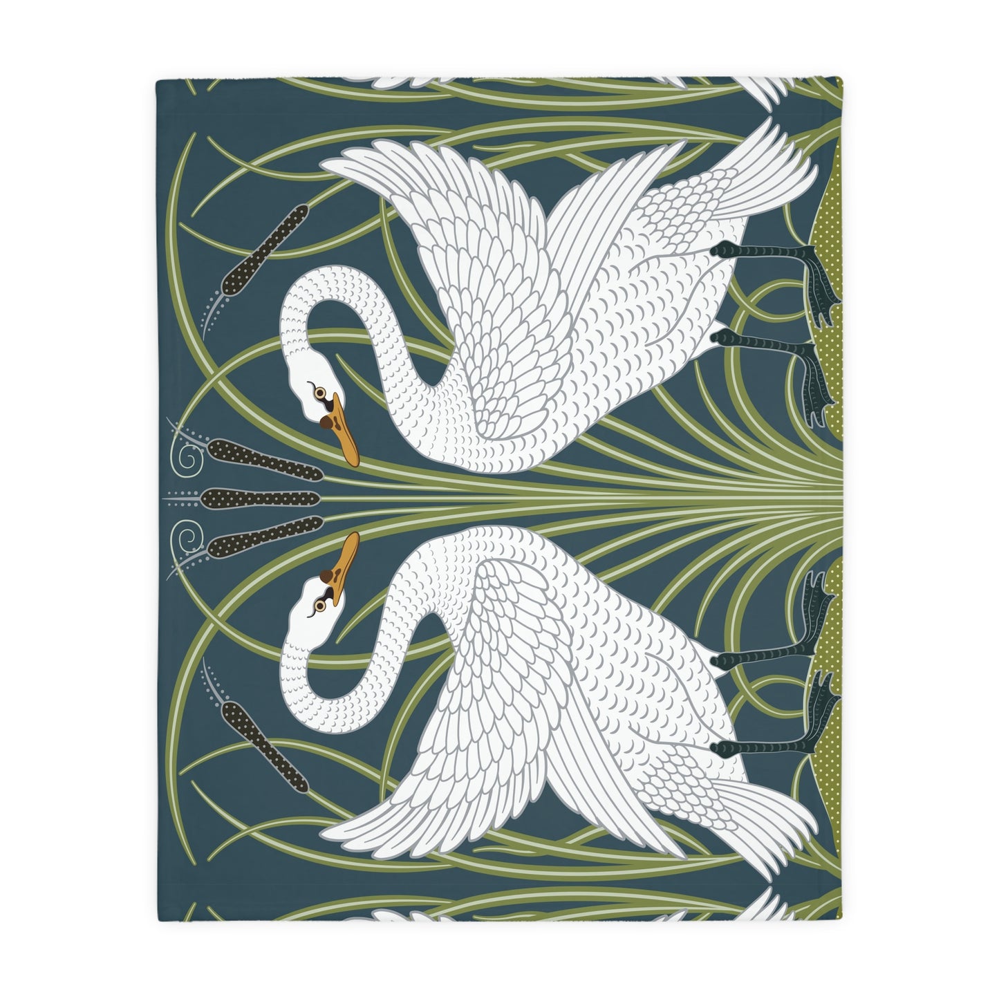 Luxury Velveteen Minky Blanket inspired for William Morris & Co (Two-sided print) - Swans Collection (Horizontal) in Beige, Green, Black and White by the designer Walter Crane