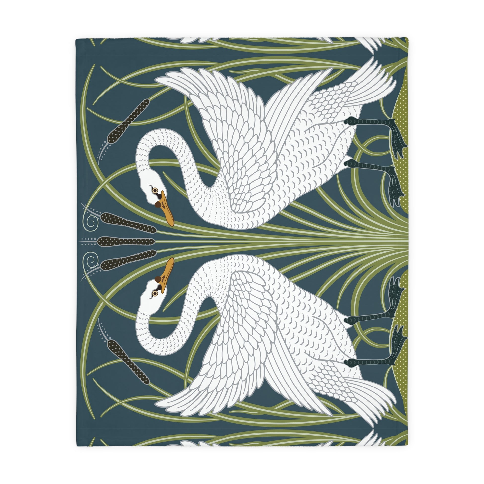 Luxury Velveteen Minky Blanket inspired for William Morris & Co (Two-sided print) - Swans Collection (Horizontal) in Beige, Green, Black and White by the designer Walter Crane