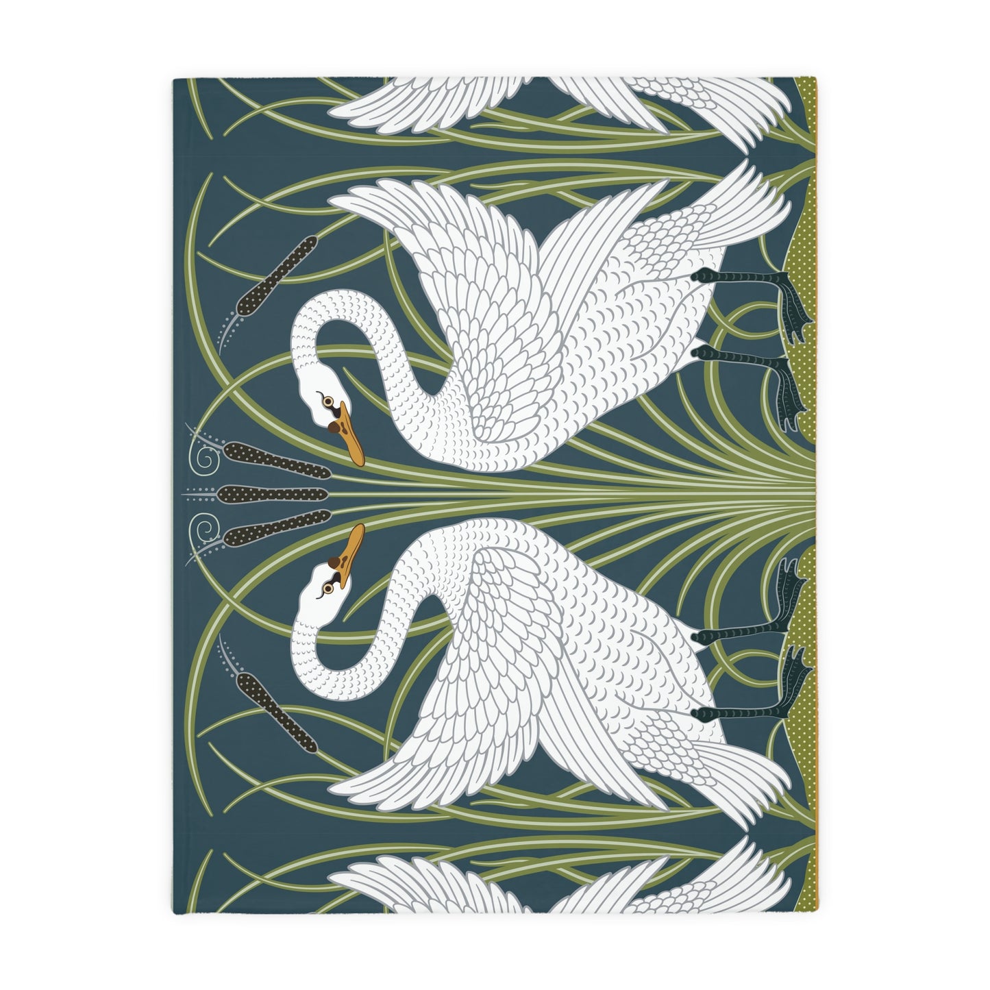 Luxury Velveteen Minky Blanket inspired for William Morris & Co (Two-sided print) - Swans Collection (Horizontal) in Beige, Green, Black and White by the designer Walter Crane
