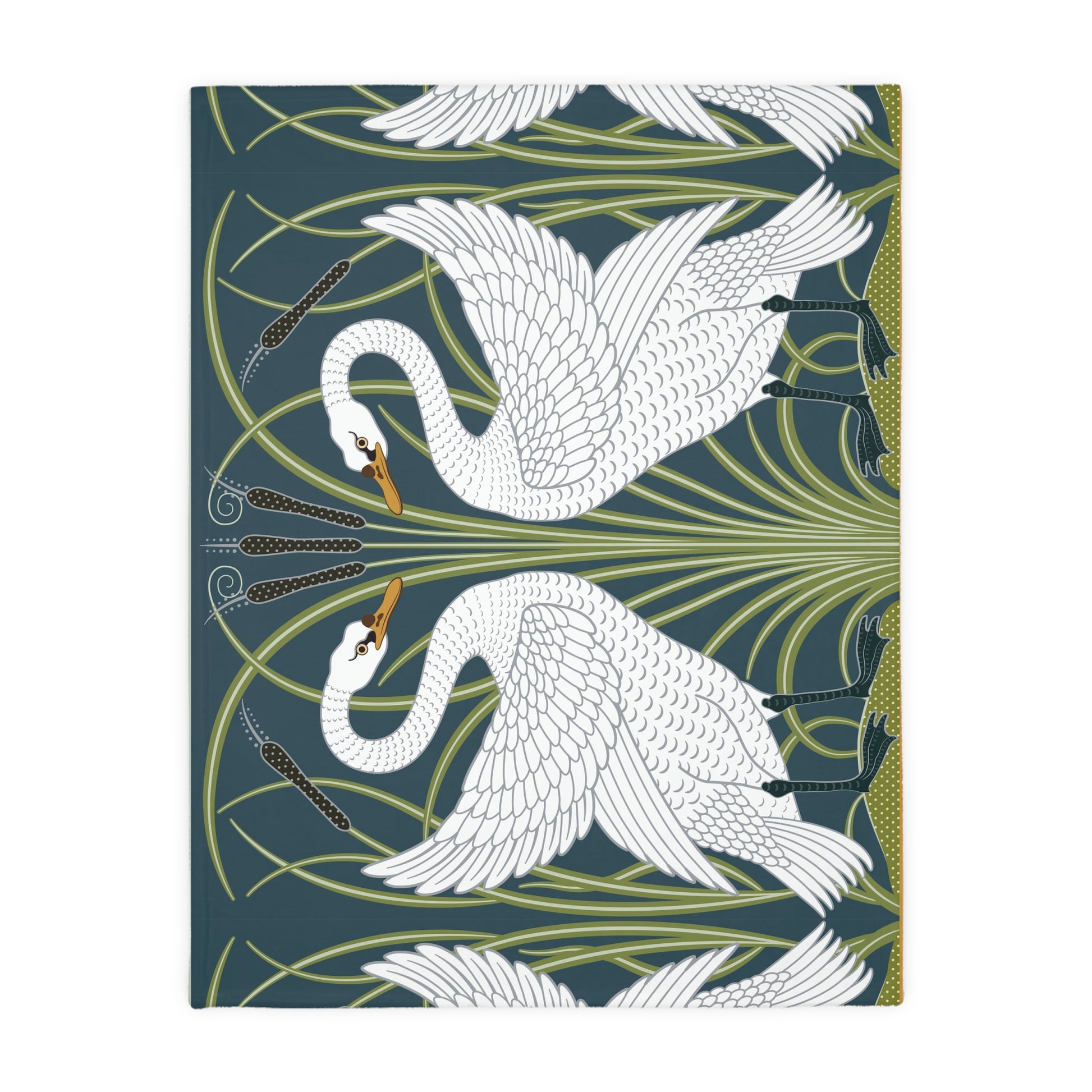 Luxury Velveteen Minky Blanket inspired for William Morris & Co (Two-sided print) - Swans Collection (Horizontal) in Beige, Green, Black and White by the designer Walter Crane