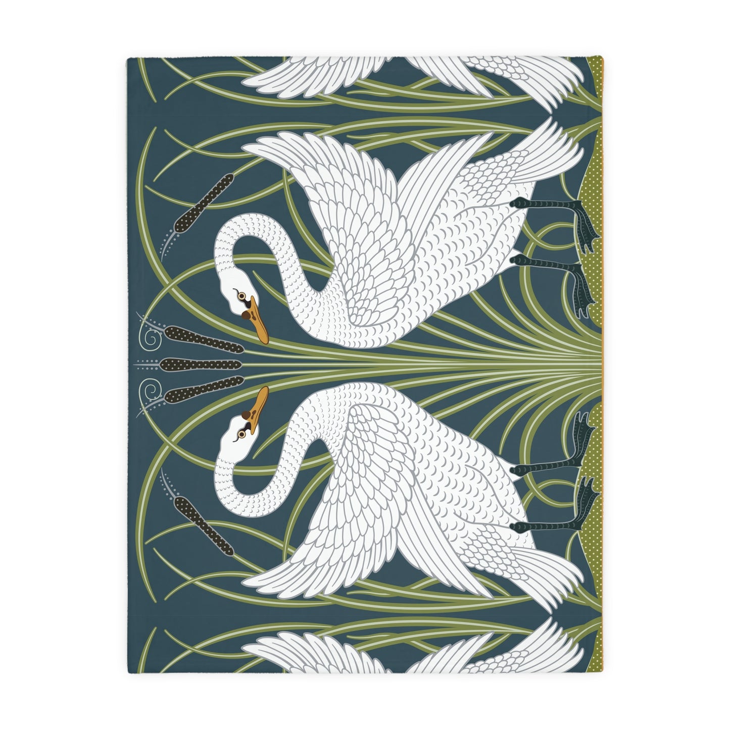Luxury Velveteen Minky Blanket inspired for William Morris & Co (Two-sided print) - Swans Collection (Horizontal) in Beige, Green, Black and White by the designer Walter Crane