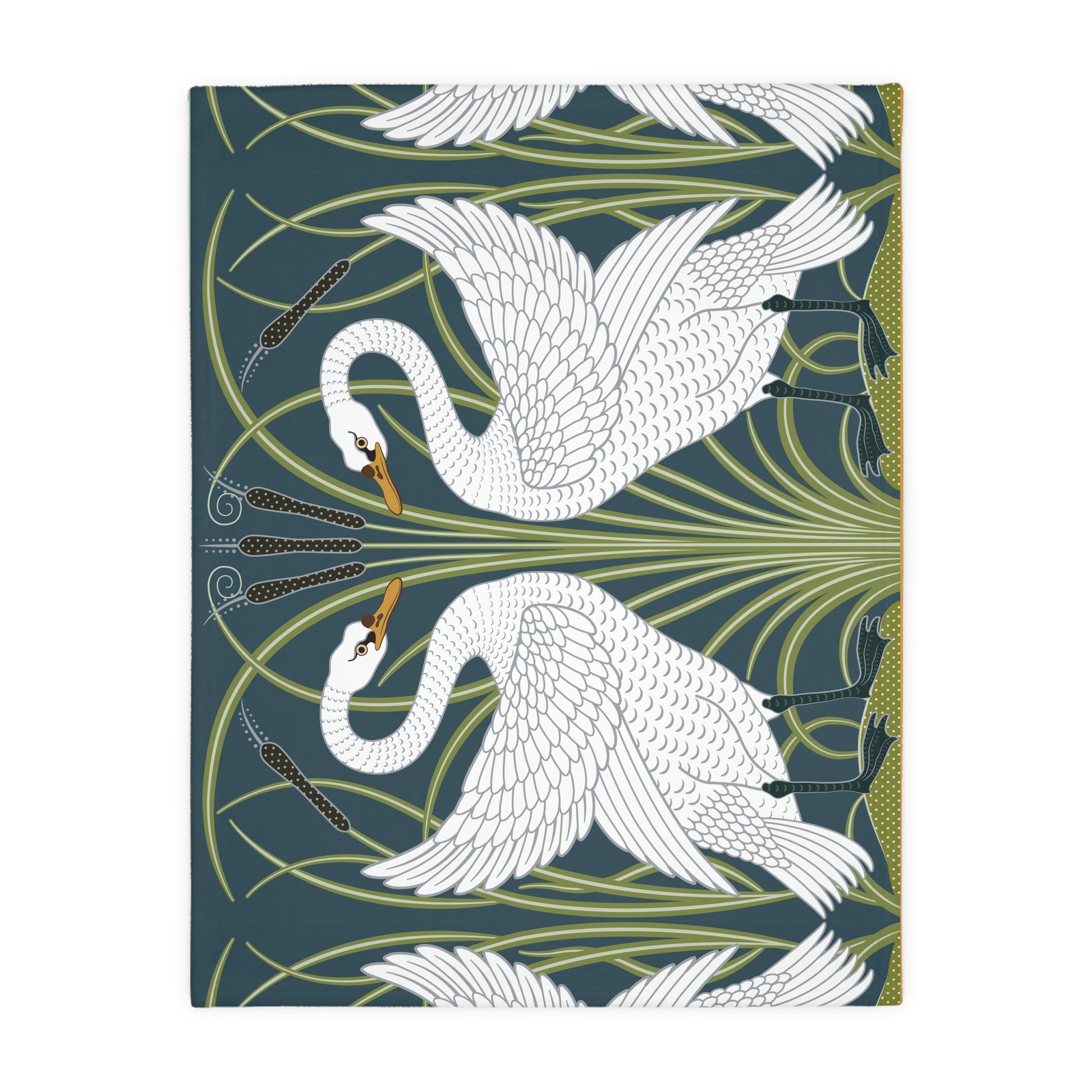 Luxury Velveteen Minky Blanket inspired for William Morris & Co (Two-sided print) - Swans Collection (Horizontal) in Beige, Green, Black and White by the designer Walter Crane