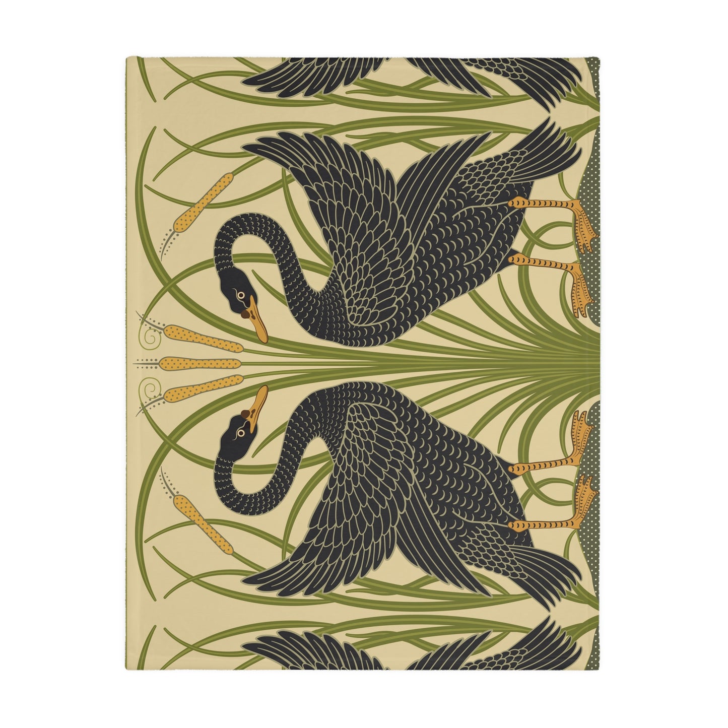 Luxury Velveteen Minky Blanket inspired for William Morris & Co (Two-sided print) - Swans Collection (Horizontal) in Beige, Green, Black and White by the designer Walter Crane