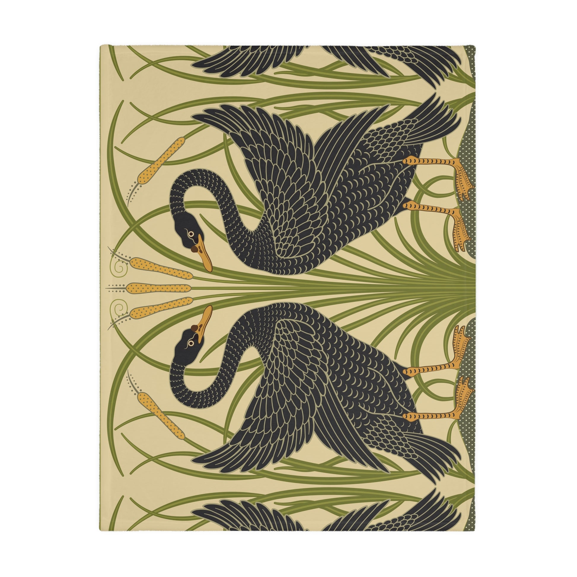 Luxury Velveteen Minky Blanket inspired for William Morris & Co (Two-sided print) - Swans Collection (Horizontal) in Beige, Green, Black and White by the designer Walter Crane