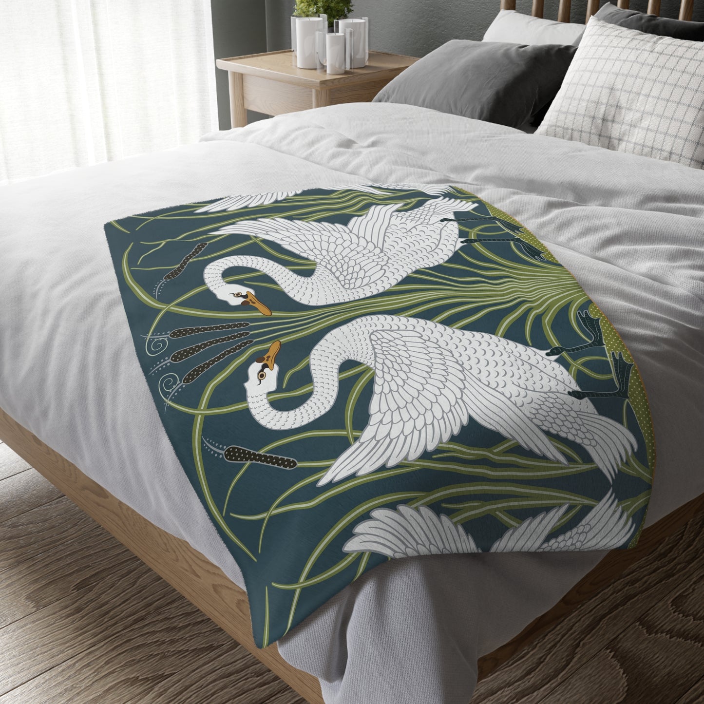 Luxury Velveteen Minky Blanket inspired for William Morris & Co (Two-sided print) - Swans Collection (Horizontal) in Beige, Green, Black and White by the designer Walter Crane
