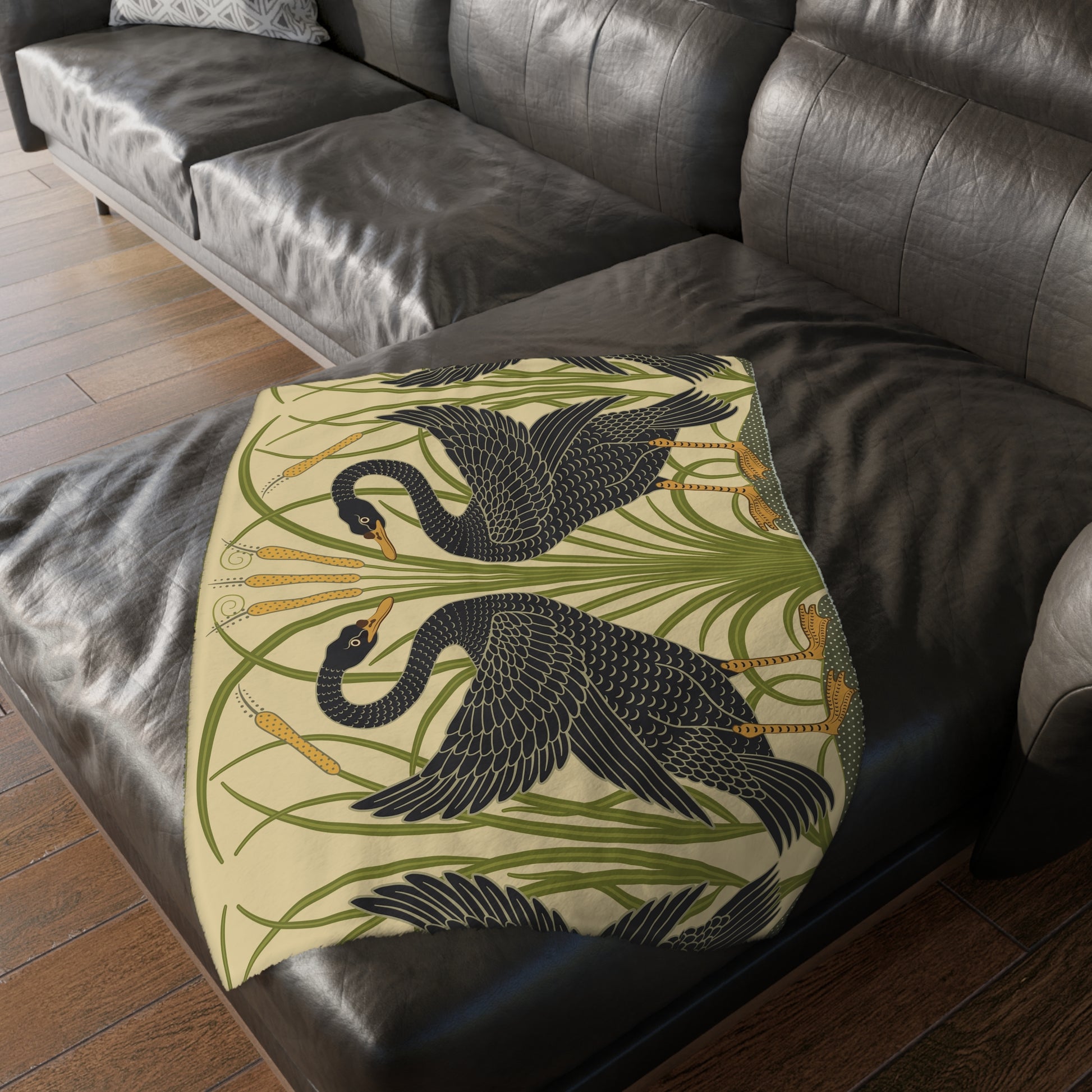 Luxury Velveteen Minky Blanket inspired for William Morris & Co (Two-sided print) - Swans Collection (Horizontal) in Beige, Green, Black and White by the designer Walter Crane