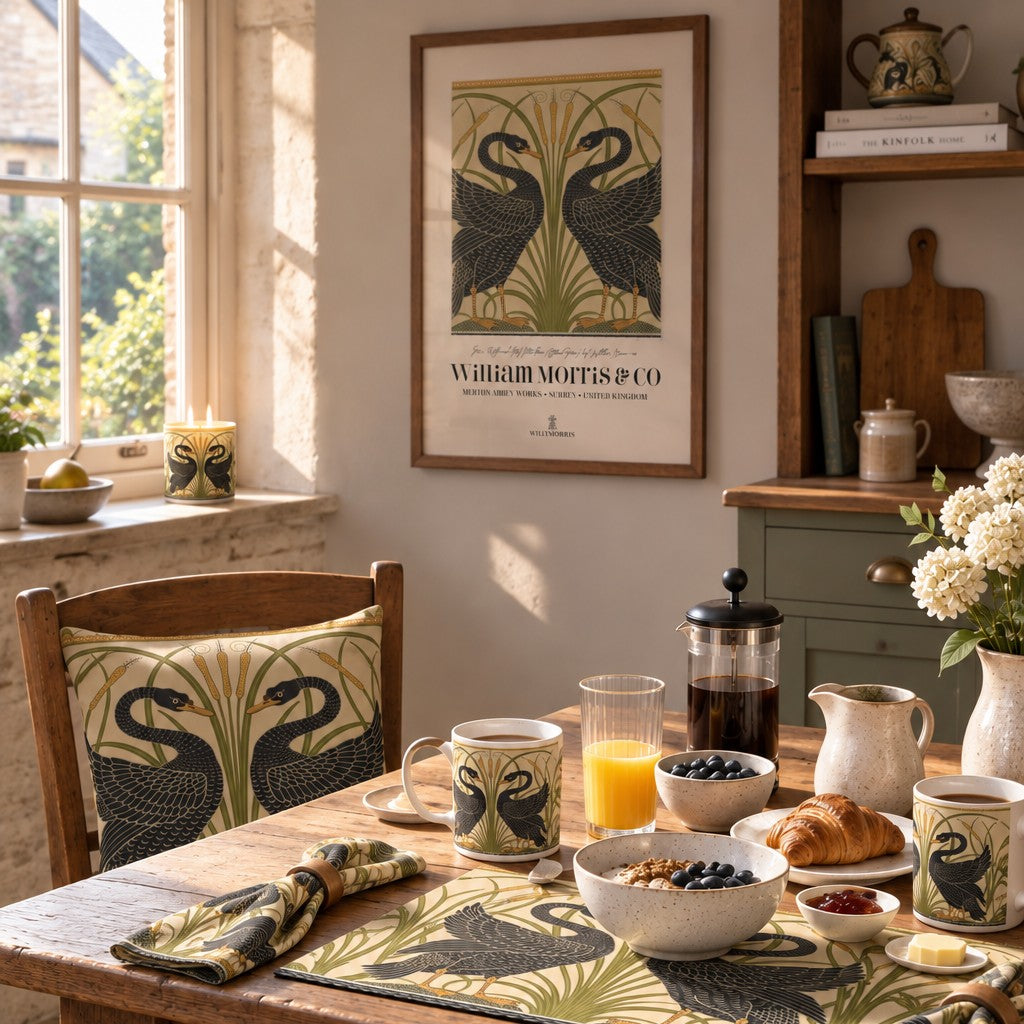 A styled dining room scene with a wooden table set for breakfast, featuring matching table linens, mugs, bowls, and a chair cushion with a black swan design on a beige and olive pattern. A framed William Morris-style print hangs on the wall above, and a window with warm sunlight is visible on the left.