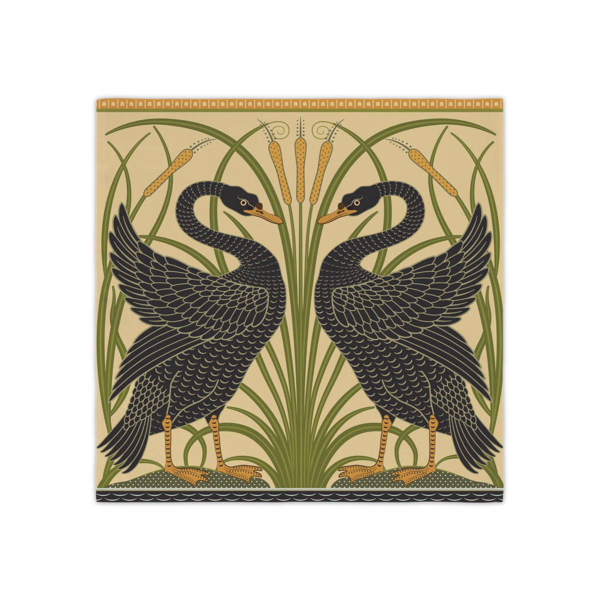 A square decorative table napkin featuring a symmetrical Art Deco style design of two black swans facing each other among tall green reeds and cattails on a warm beige background.