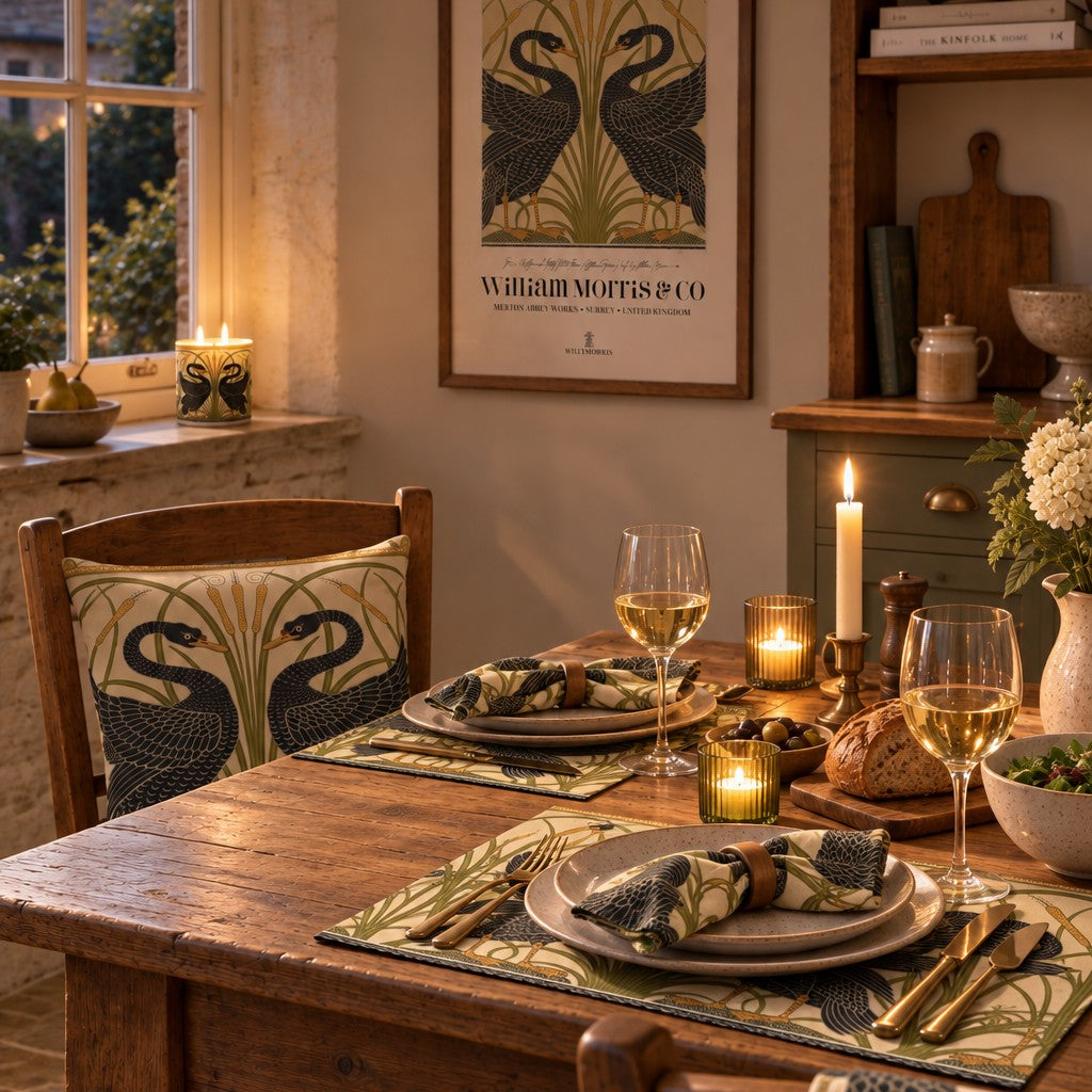 A styled dining room scene with a wooden table set for dinner, featuring matching table linens, mugs, bowls, and a chair cushion with a black swan design on a beige and olive pattern. A framed William Morris-style print hangs on the wall above, and a window with candlelight is visible on the left.