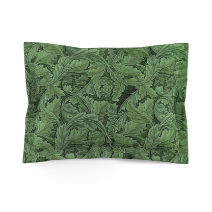 Pillow sham with a green floral design inspired by William Morris's Acanthus Collection.