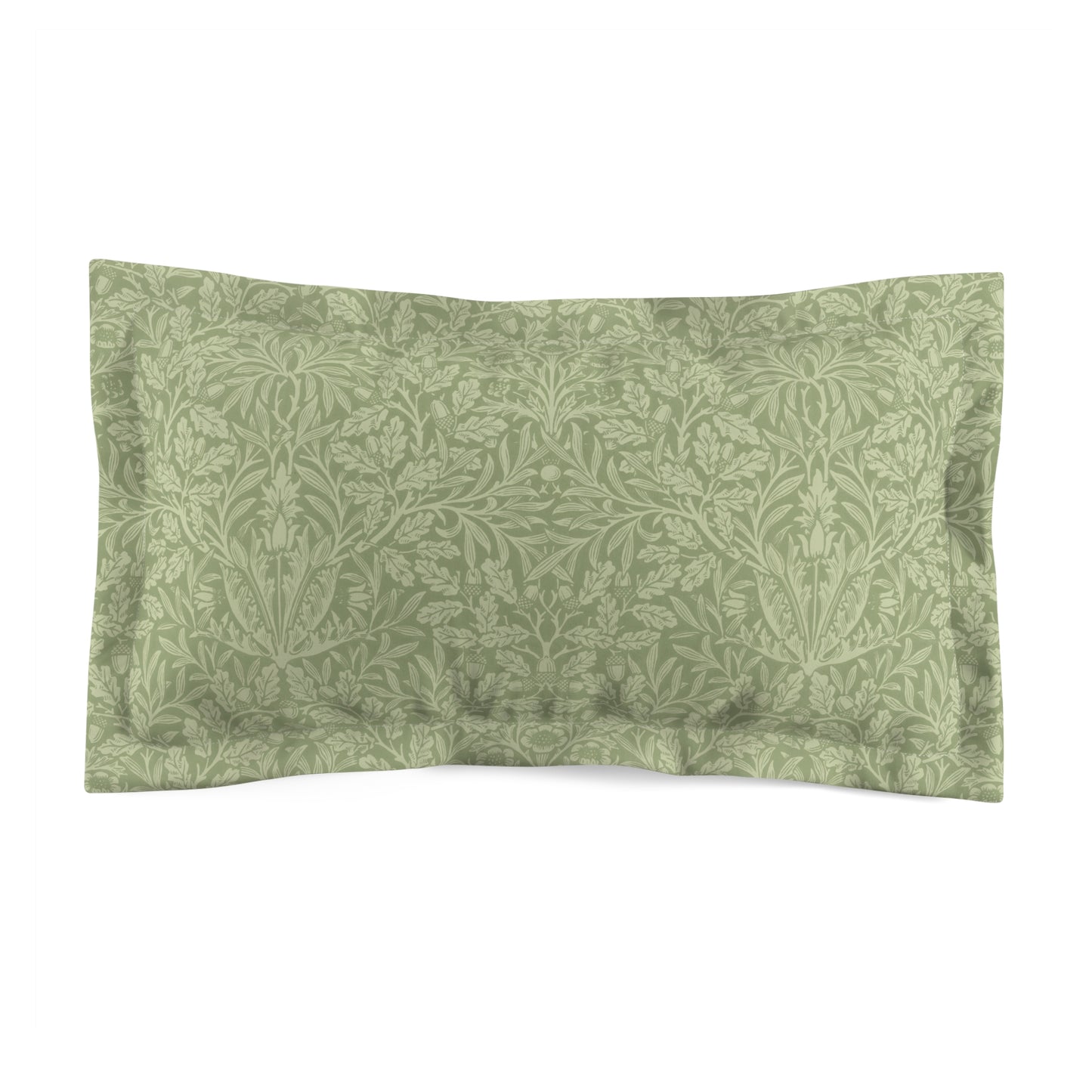 A green pillow sham with a floral pattern inspired by William Morris's classic designs.