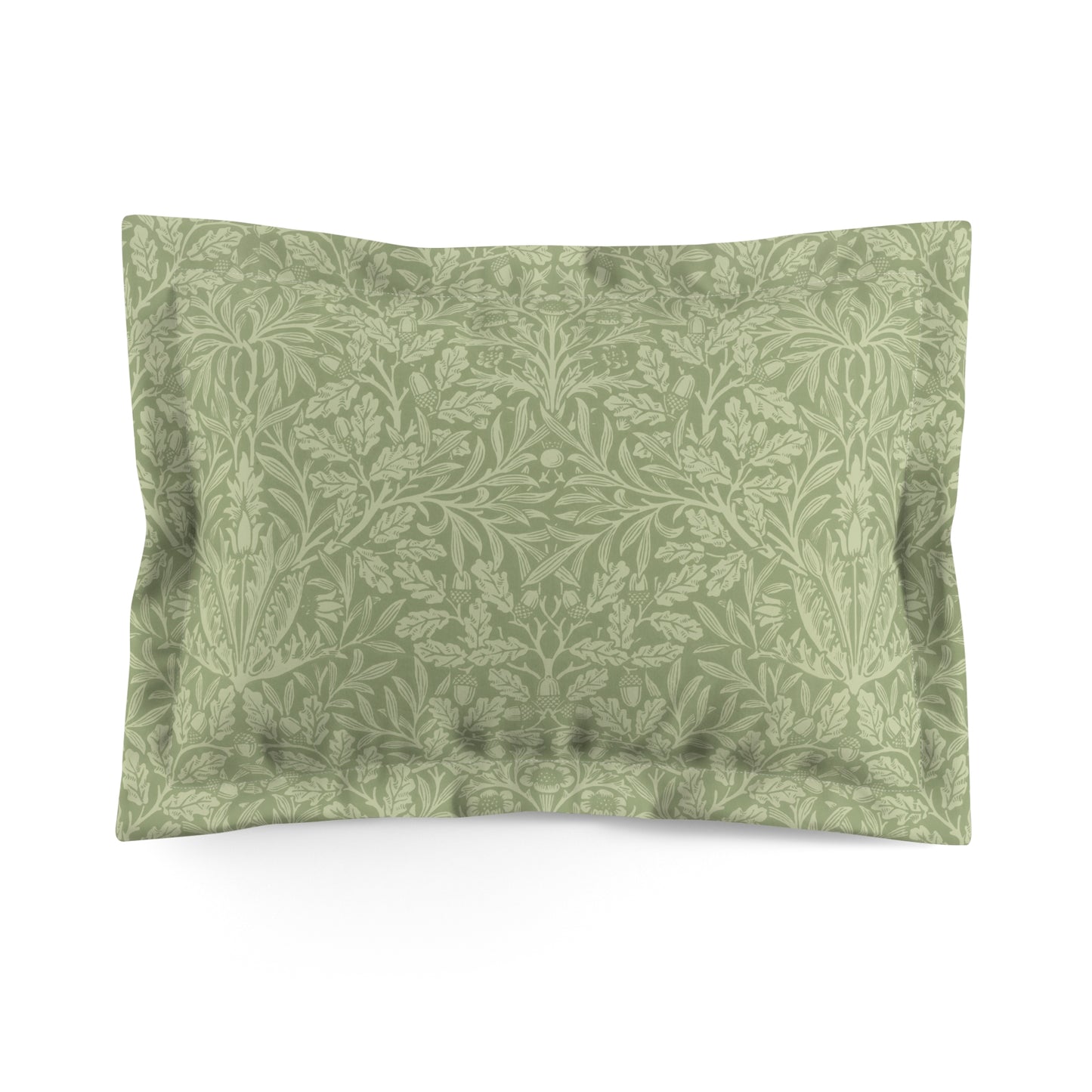 A green pillow sham with a floral pattern inspired by William Morris's classic designs.