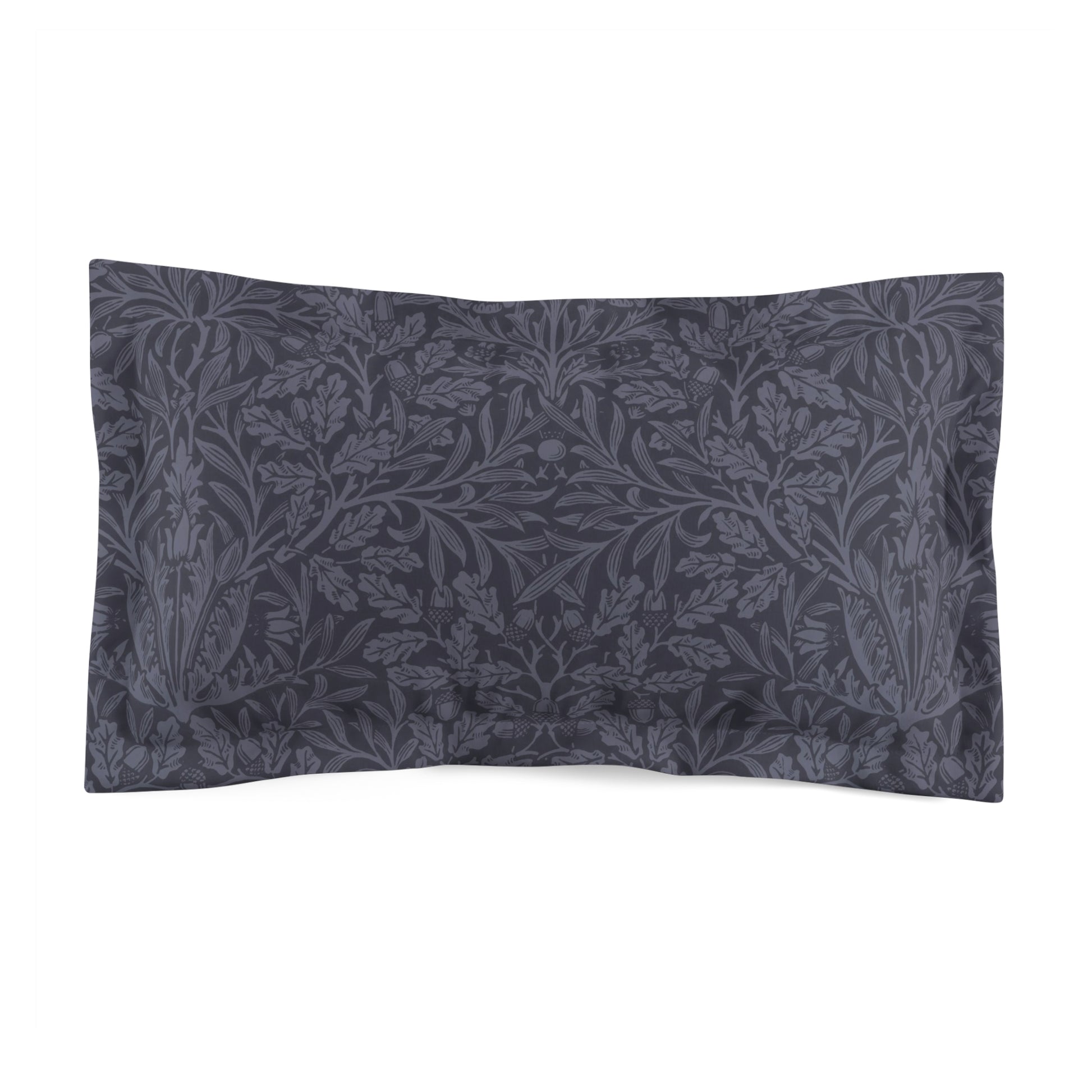 A smoky blue pillow sham with a floral acorn and oak leaves design, king size.