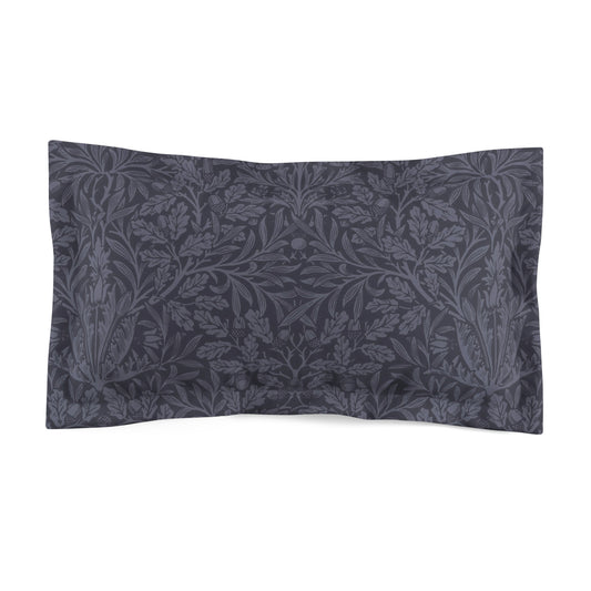 A smoky blue pillow sham with a floral acorn and oak leaves design, king size.