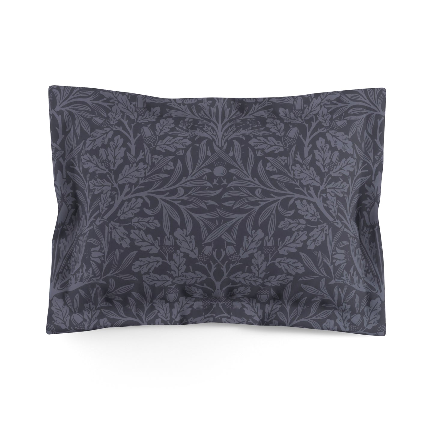 A smoky blue pillow sham with a floral acorn and oak leaves design, king size.