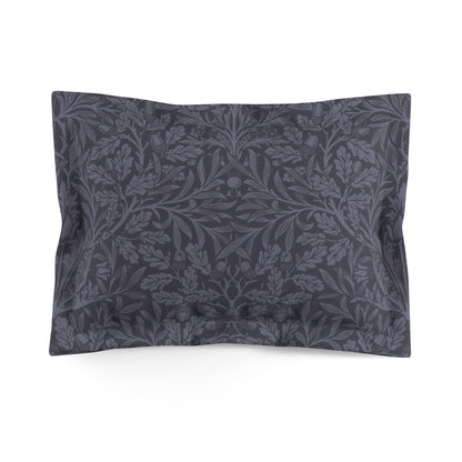 A smoky blue pillow sham with a floral acorn and oak leaves design, king size.