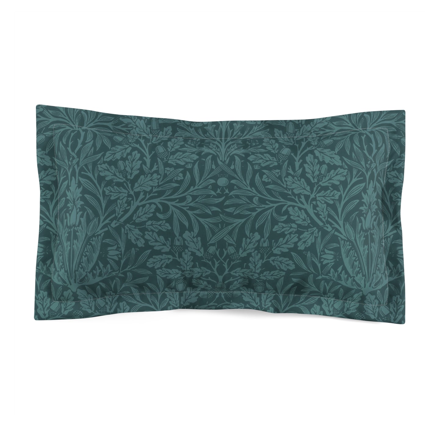 A rectangular pillow sham with a floral design in teal color on a white background.