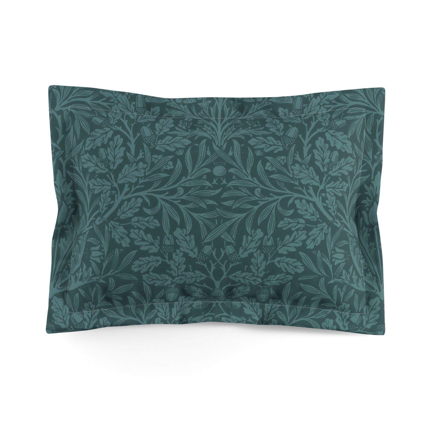 A rectangular pillow sham with a floral design in teal colour on a white background.