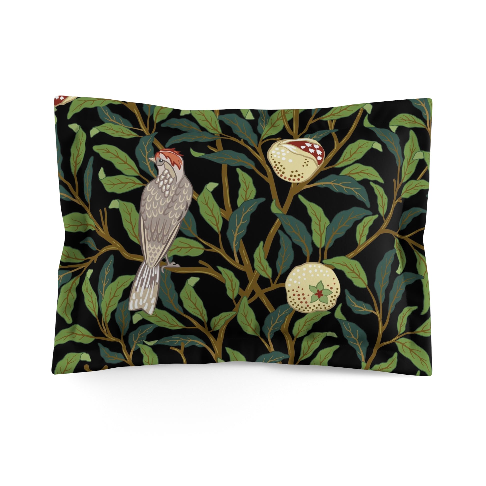 Pillow sham with a floral design featuring birds and pomegranates on a black background, part of the William Morris - Bird and Pomegranate Collection (Onyx).