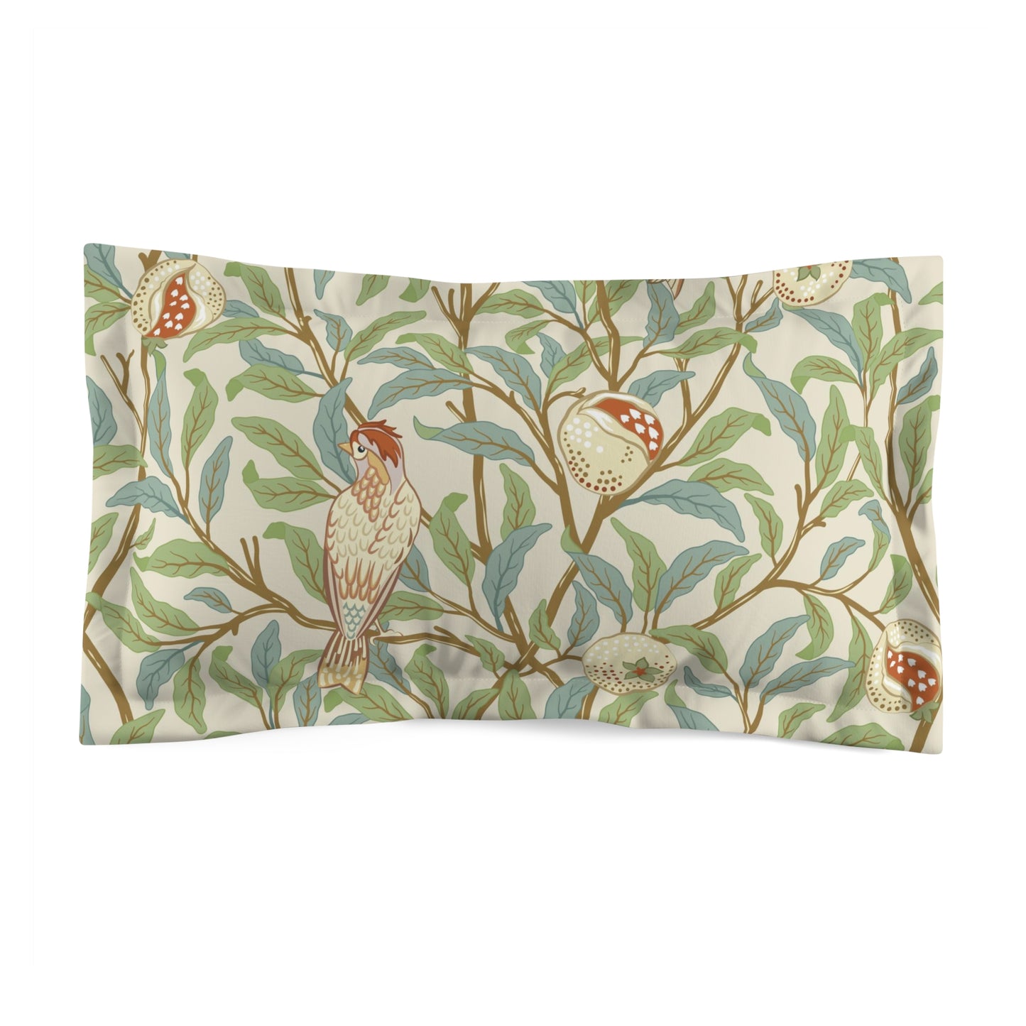 Pillow sham with a floral design featuring birds and pomegranates on a beige background, part of the William Morris - Bird and Pomegranate Collection.