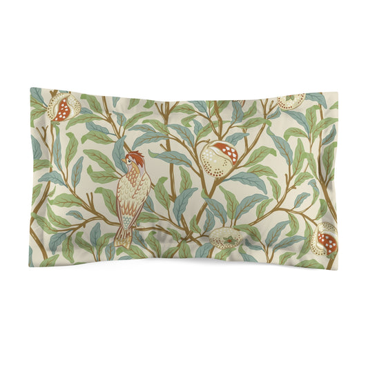 Pillow sham with a floral design featuring birds and pomegranates on a beige background, part of the William Morris - Bird and Pomegranate Collection.