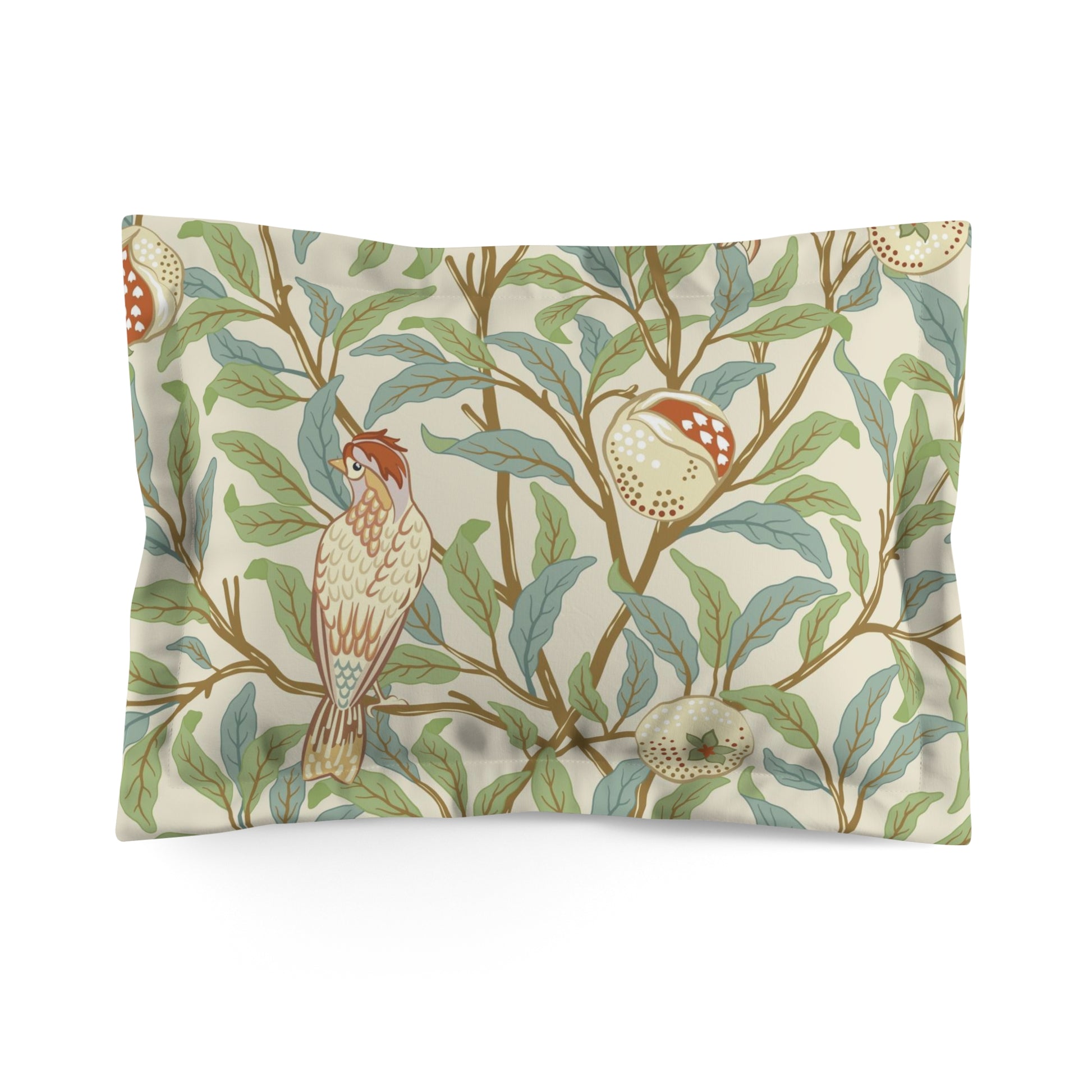 Pillow sham with a floral design featuring birds and pomegranates on a beige background, part of the William Morris - Bird and Pomegranate Collection.