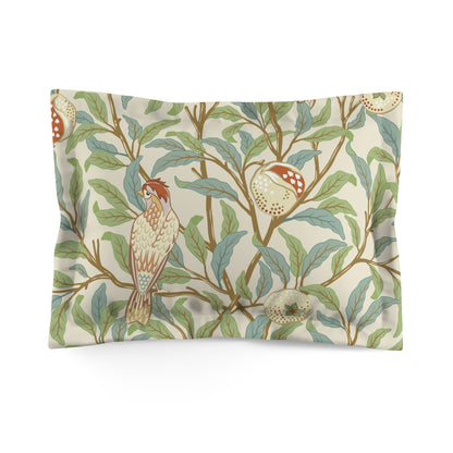 Pillow sham with a floral design featuring birds and pomegranates on a beige background, part of the William Morris - Bird and Pomegranate Collection.