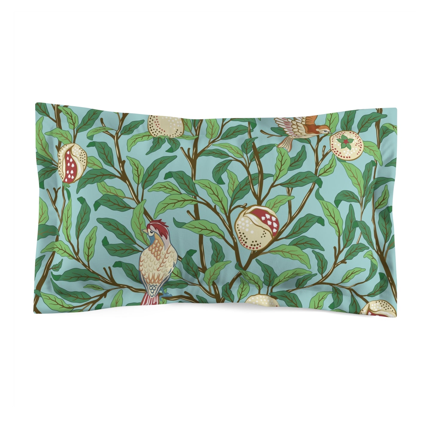 Pillow sham with a floral design featuring birds and pomegranates on a Tiffany blue background.