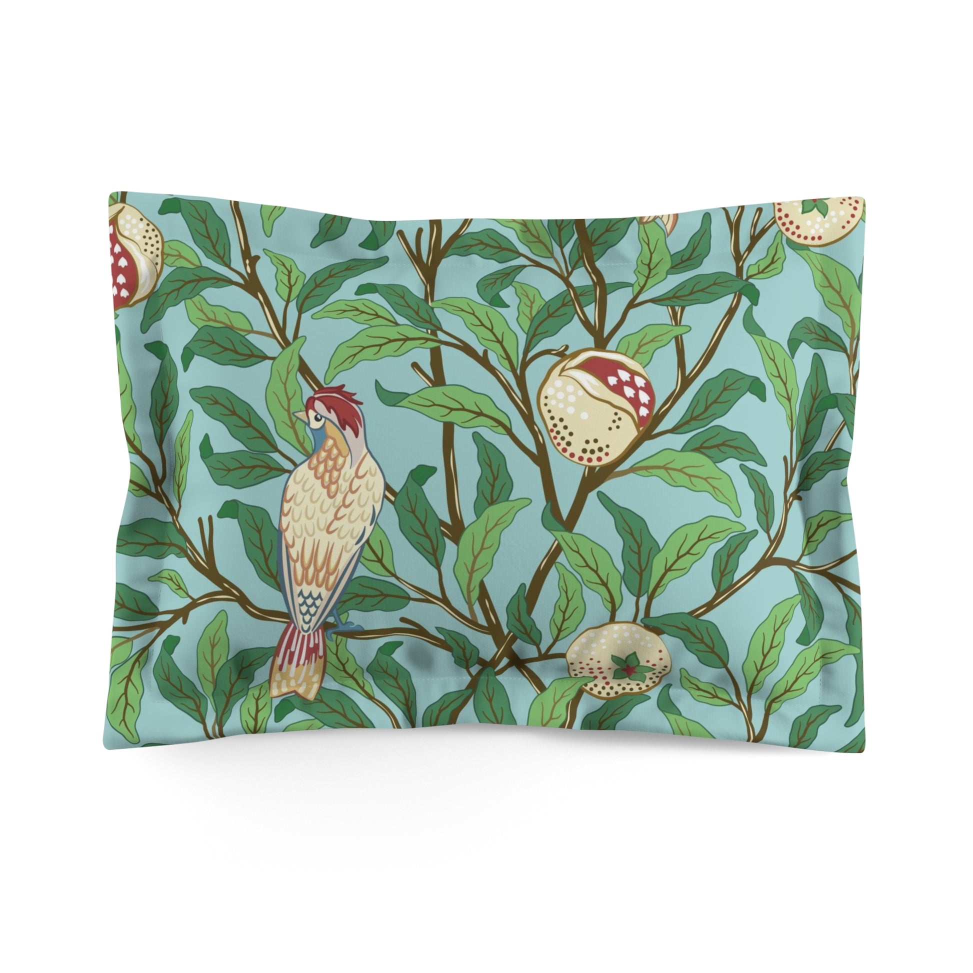 Pillow sham with a floral design featuring birds and pomegranates on a Tiffany blue background.