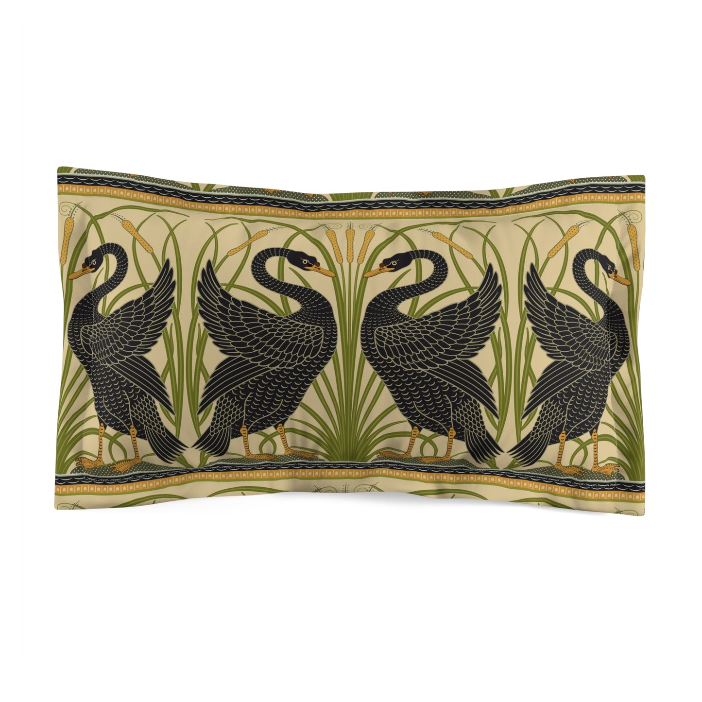 Decorative pillow with black swan design on a white background